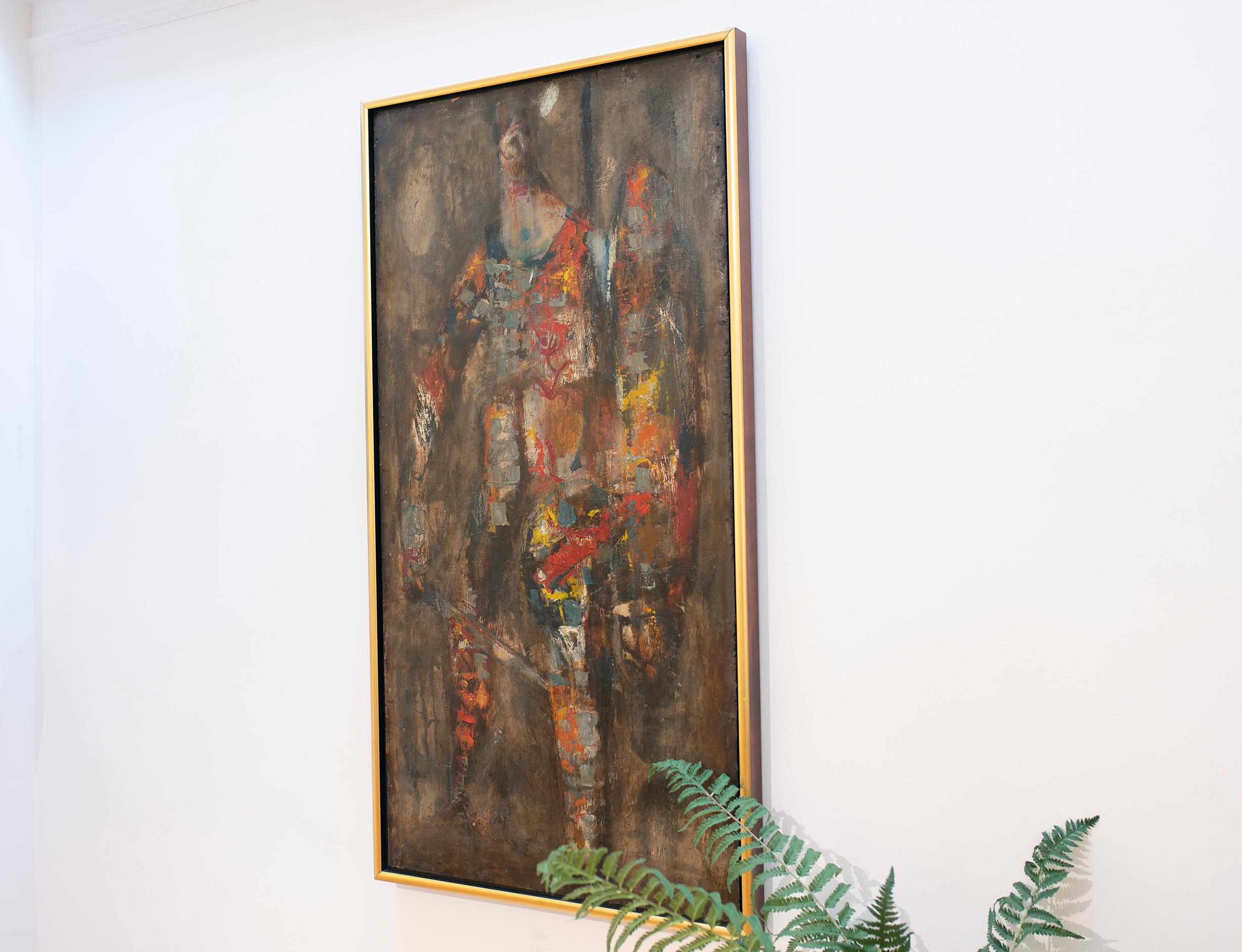 This vertical format abstract painting by Modernist artist Stanley Bate measures at 26