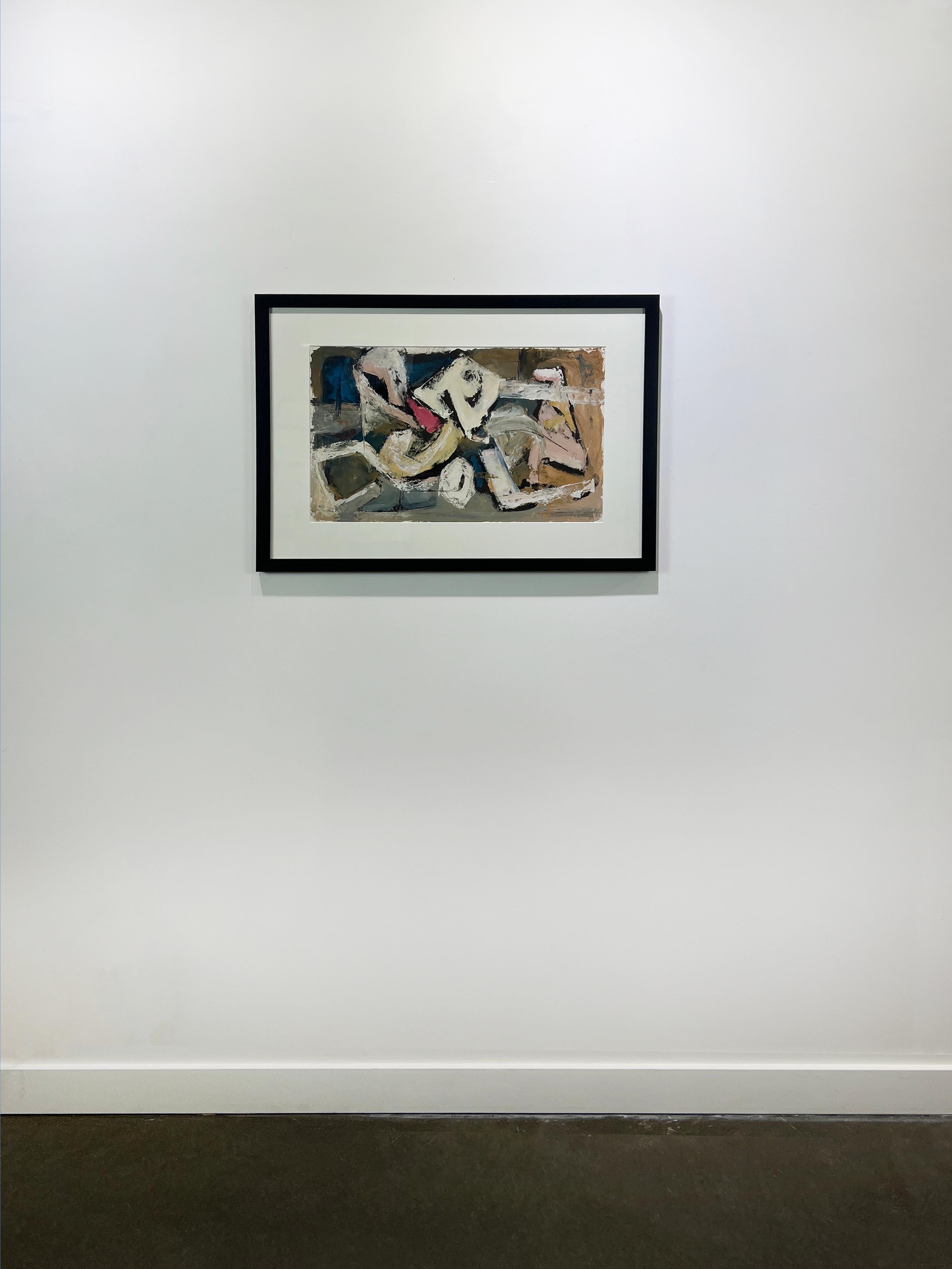 Cette peinture expressionniste abstraite moderne de Stanley Bate est réalisée à la gouache sur papier. Il se caractérise par une palette sourde et des coups de pinceau larges et texturés. Le tableau lui-même mesure 13