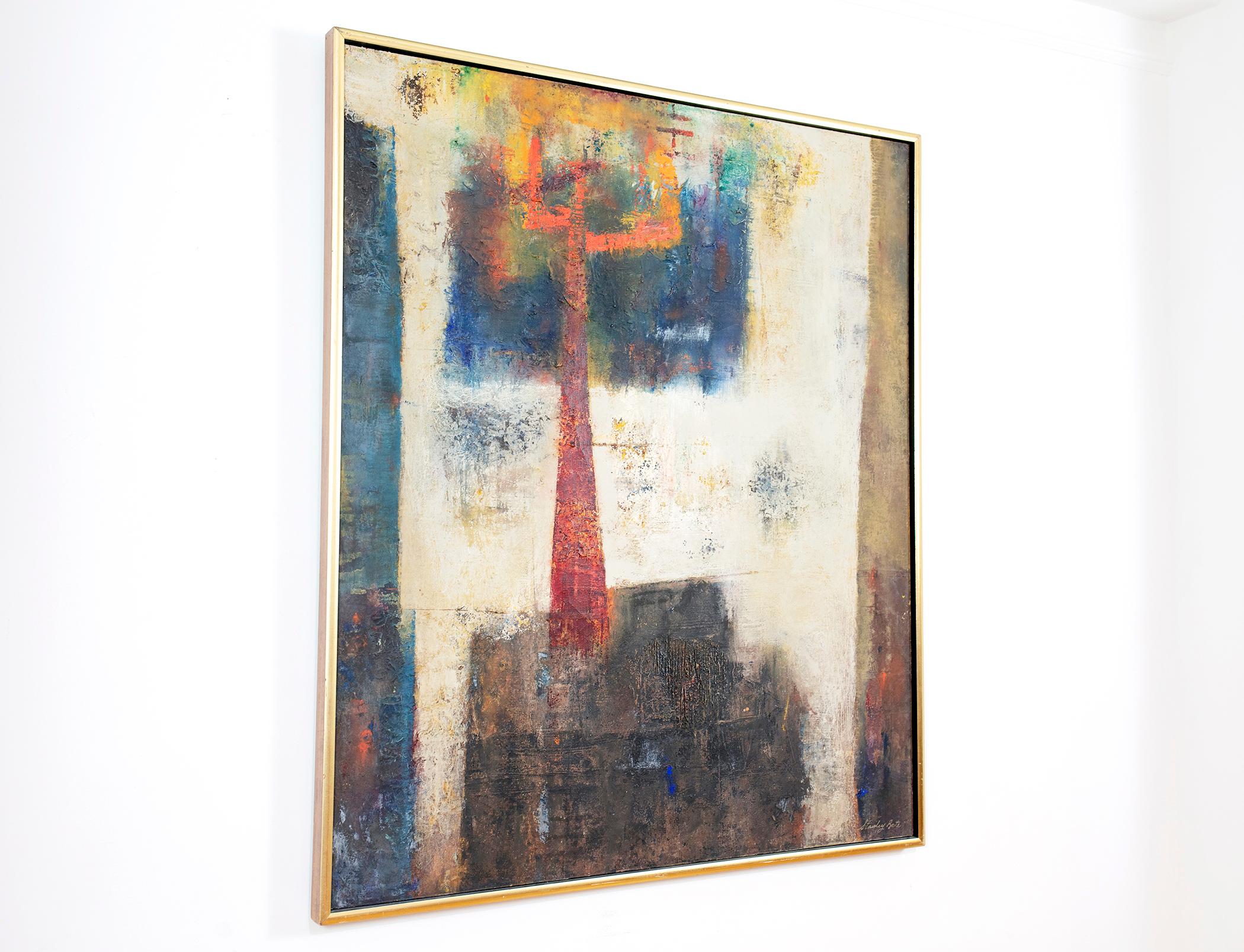 Cette peinture abstraite de l'artiste moderniste Stanley Bate est une peinture à l'huile abstraite sur toile présentant une forme géométrique rouge vif au centre de la composition et des rectangles gris foncé, bleus et marron sable avec un blanc