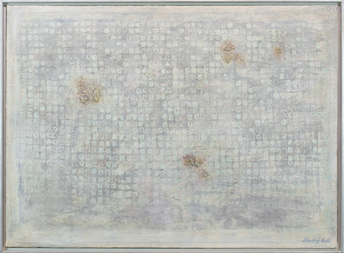 This Modern Abstract Expressionist painting by Stanley Bate is made with oil paint on canvas and features a light, neutral palette with a grid-like pattern throughout the abstract composition. The artist layers paint on the canvas, creating texture