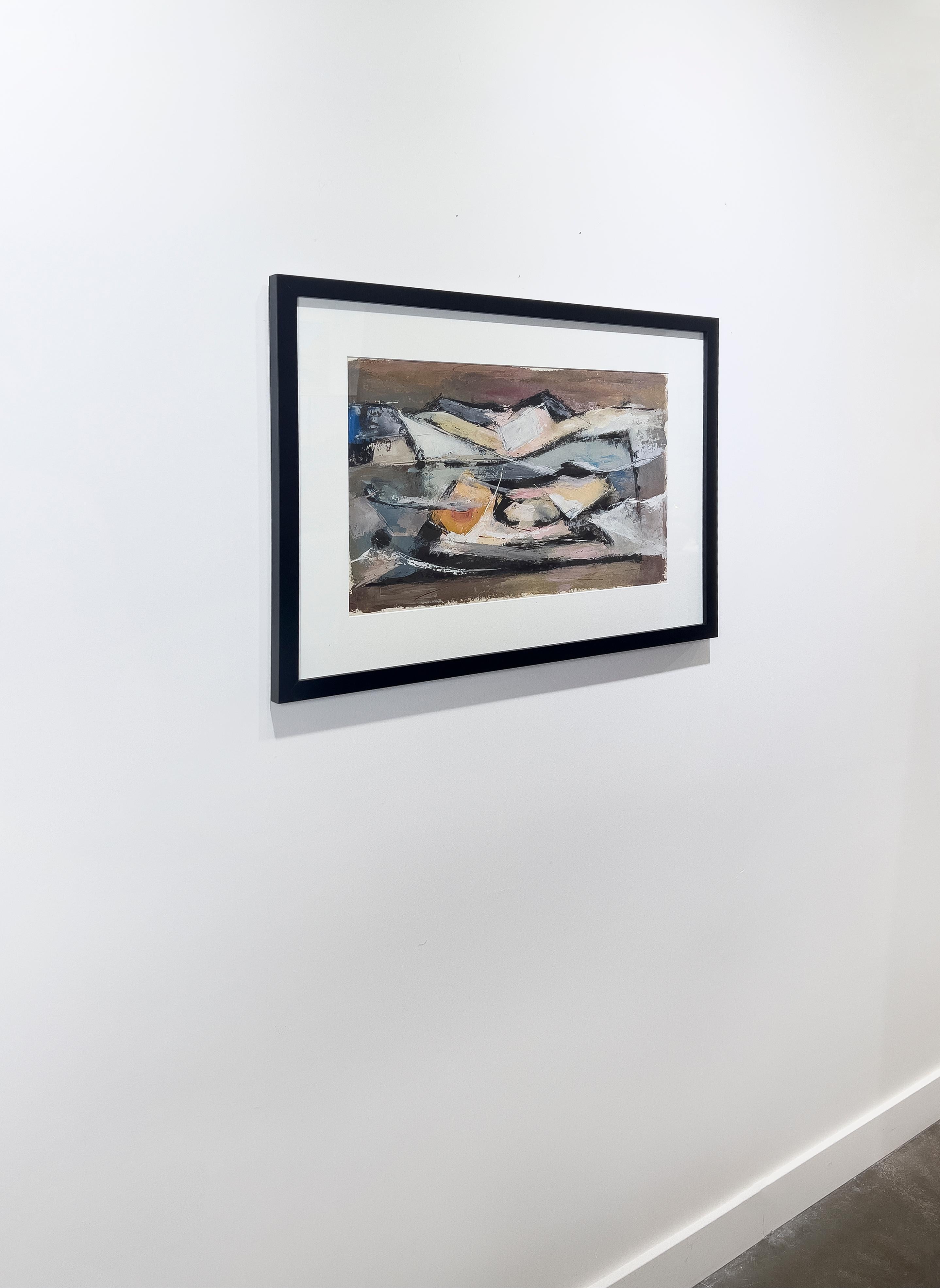 This modern abstract expressionist painting by Stanley Bate features a muted, earthy palette with warm accents. The painting itself is made with gouache on paper and measures 13
