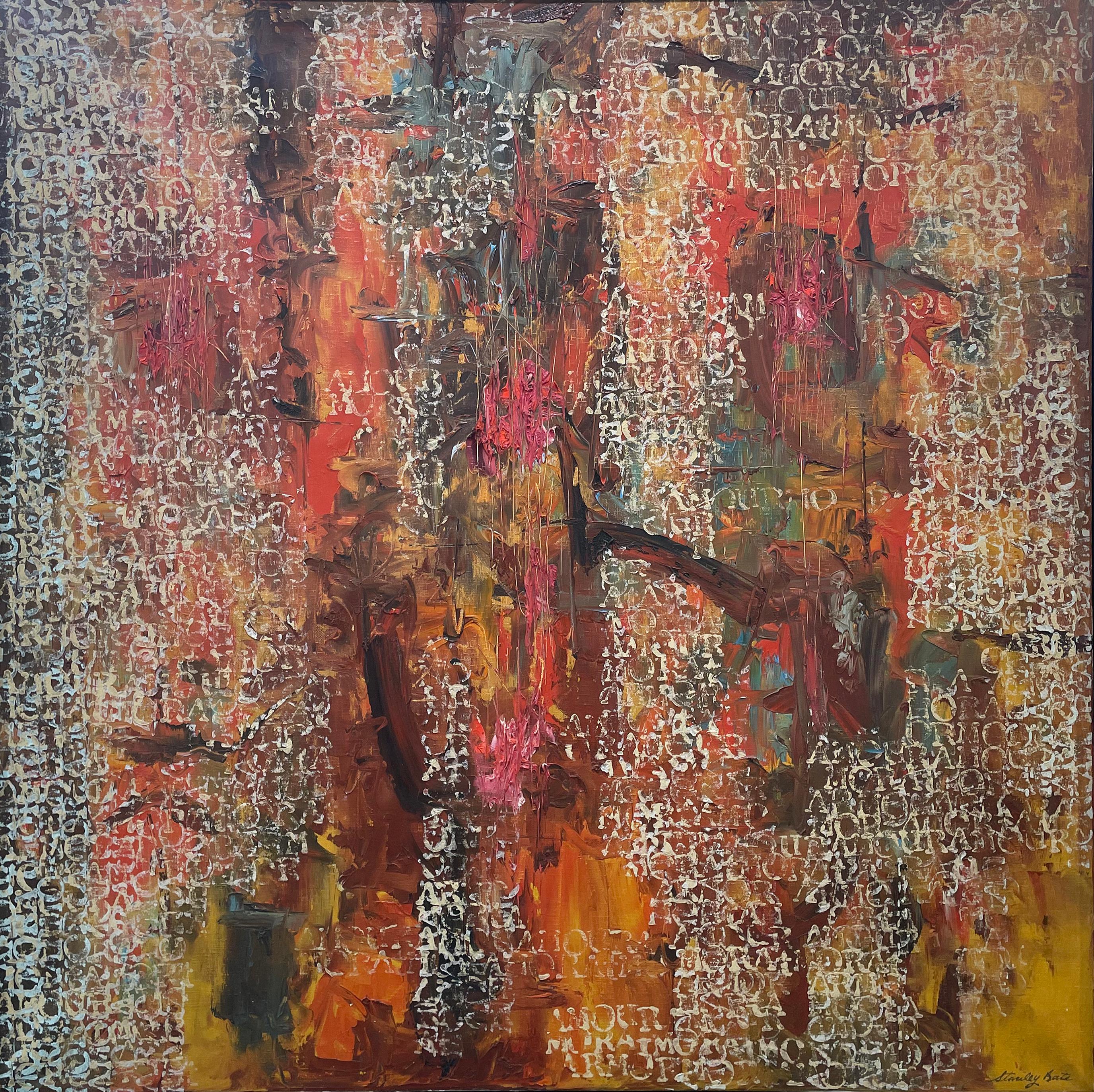 This Modern abstract painting by Stanley Bate features a warm, deep palette of red, yellow, orange, and burnt umber. Thick strokes of paint are layered beneath light white overlapping lettering which have the weathered effect of a ghost sign. The