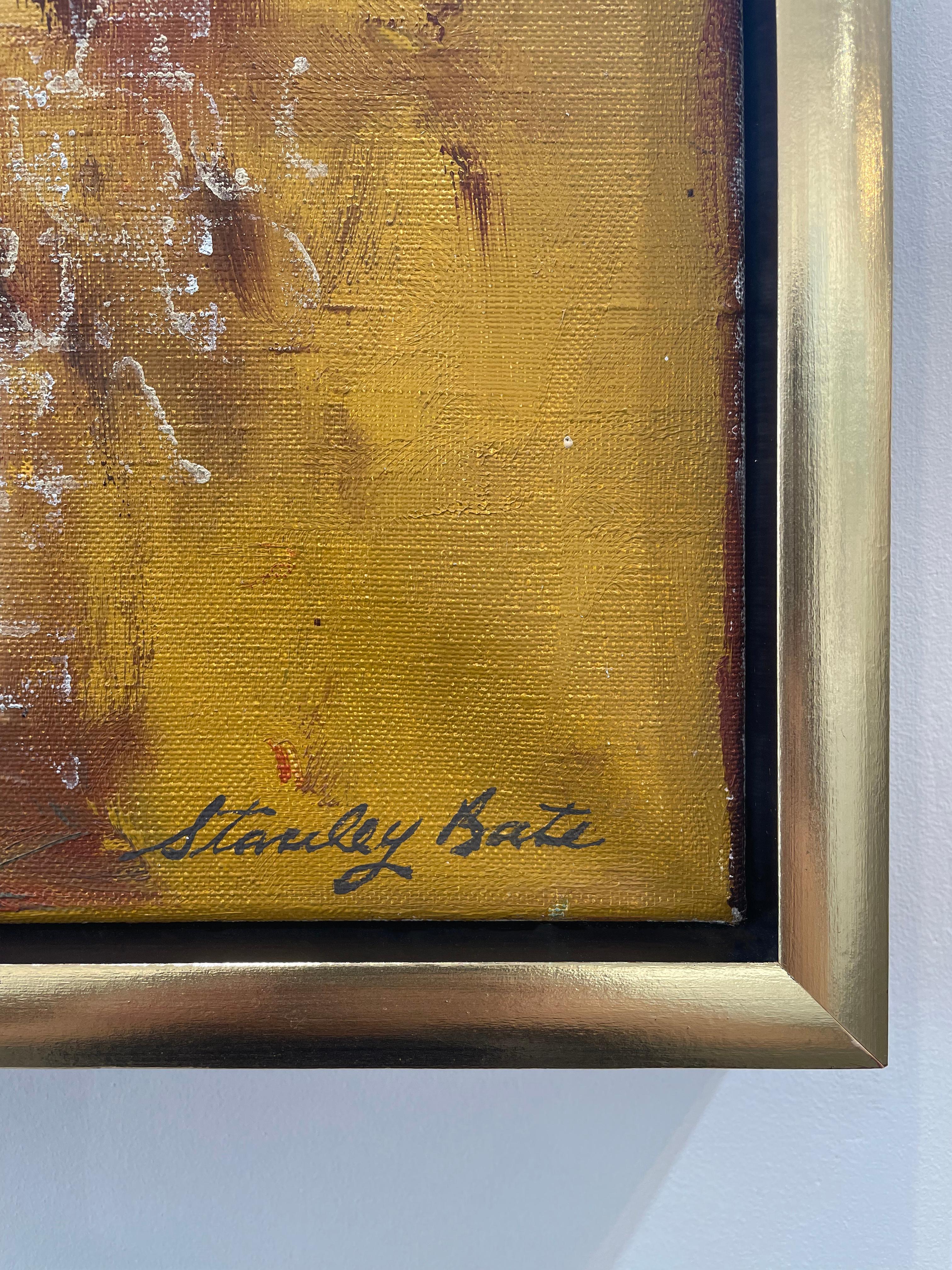 This Modern abstract painting by Stanley Bate features a warm, deep palette of red, yellow, orange, and burnt umber. Thick strokes of paint are layered beneath light white overlapping lettering which have the weathered effect of a ghost sign. The