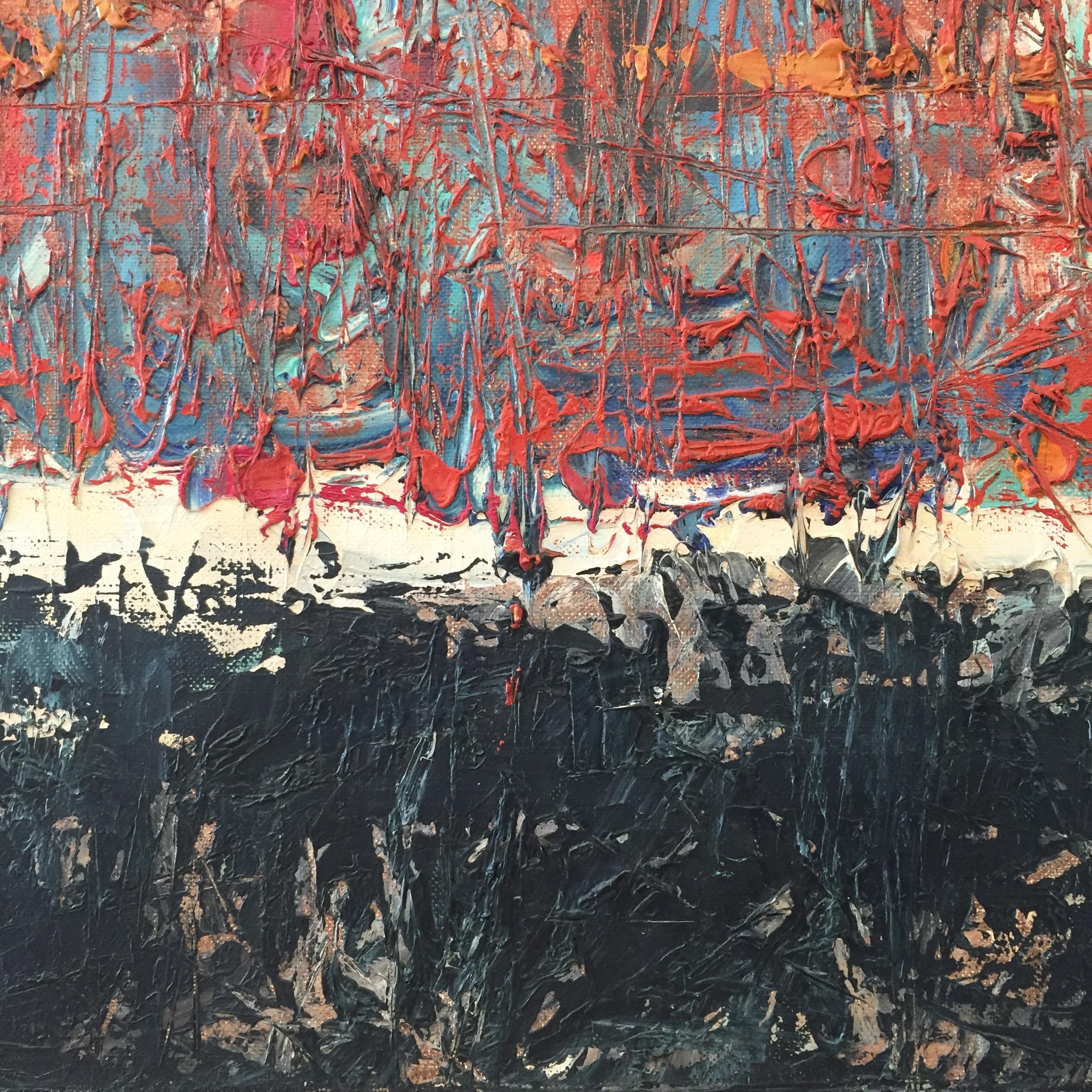 Questo dipinto astratto dell'artista modernista Stanley Bate combina il rosso intenso e strutturato con il blu scuro e il grigio. Le forme geometriche presenti nel dipinto sono ammorbidite dall'applicazione energica della pittura. Il blu viene