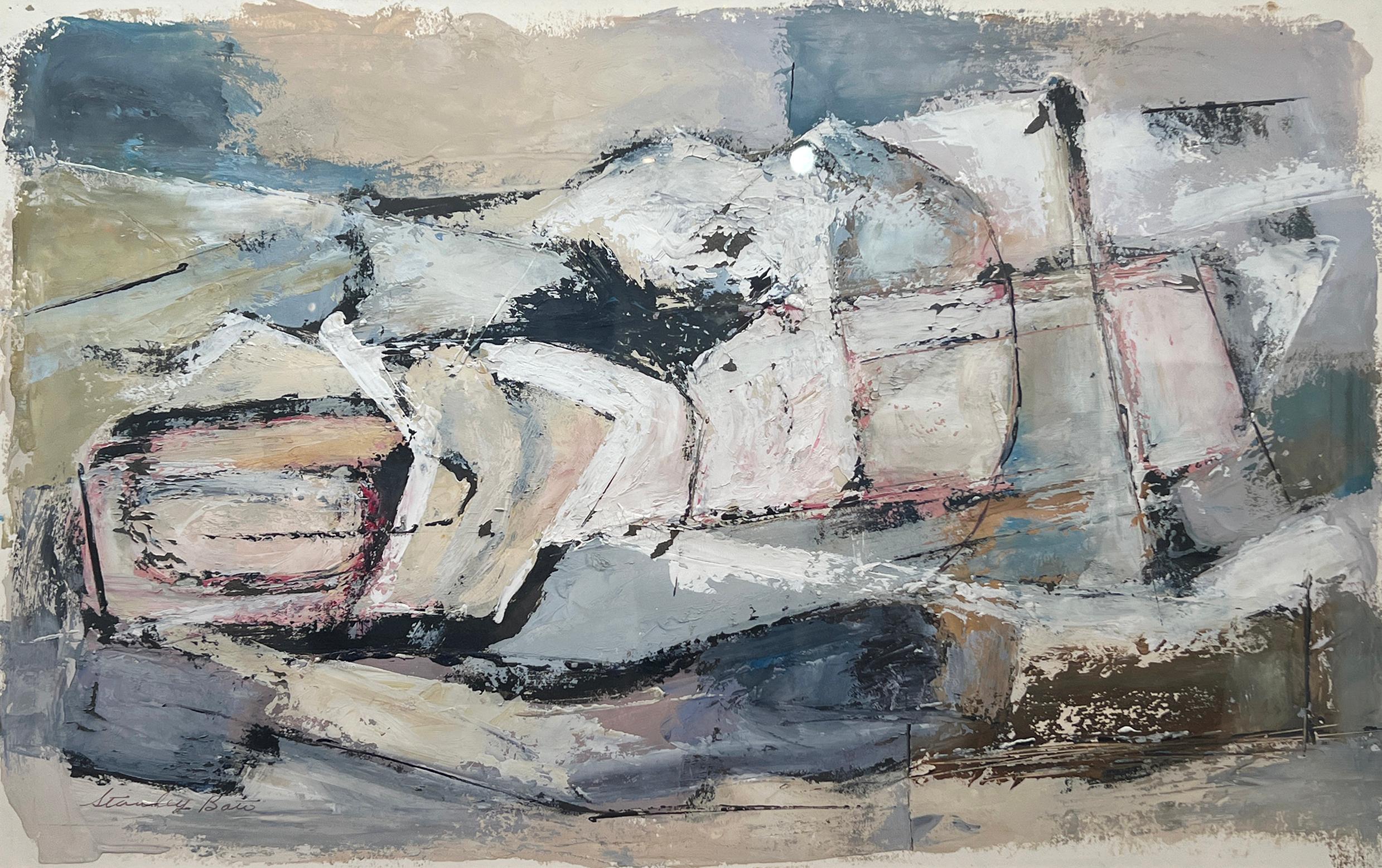 This Modern Abstract Expressionist painting by Stanley Bate is made with gouache on paper and features a cool, muted palette and light texture. The painting itself is 13