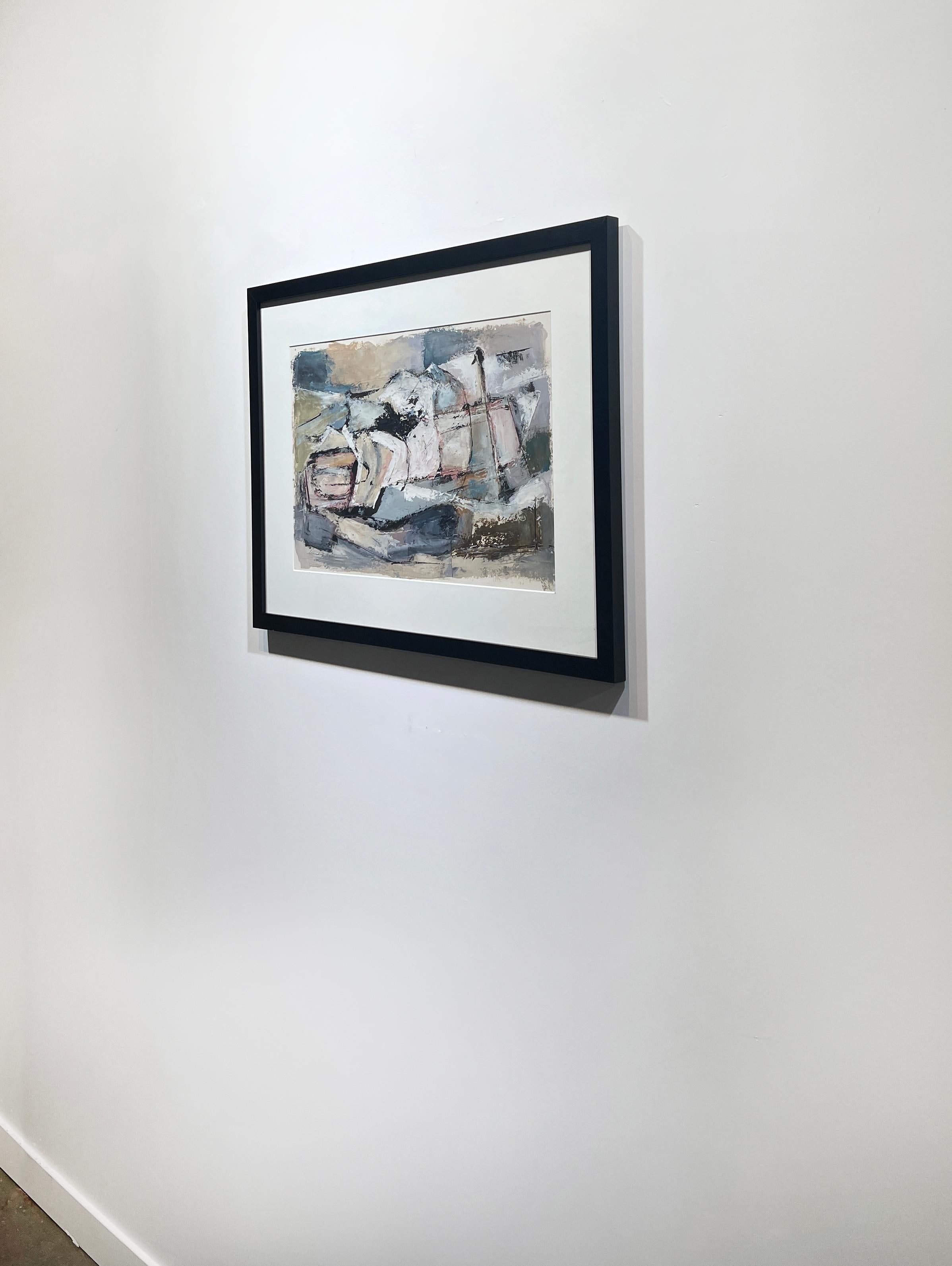 Cette peinture expressionniste abstraite moderne de Stanley Bate est réalisée à la gouache sur papier et présente une palette froide et sourde et une texture légère. La peinture elle-même mesure 13