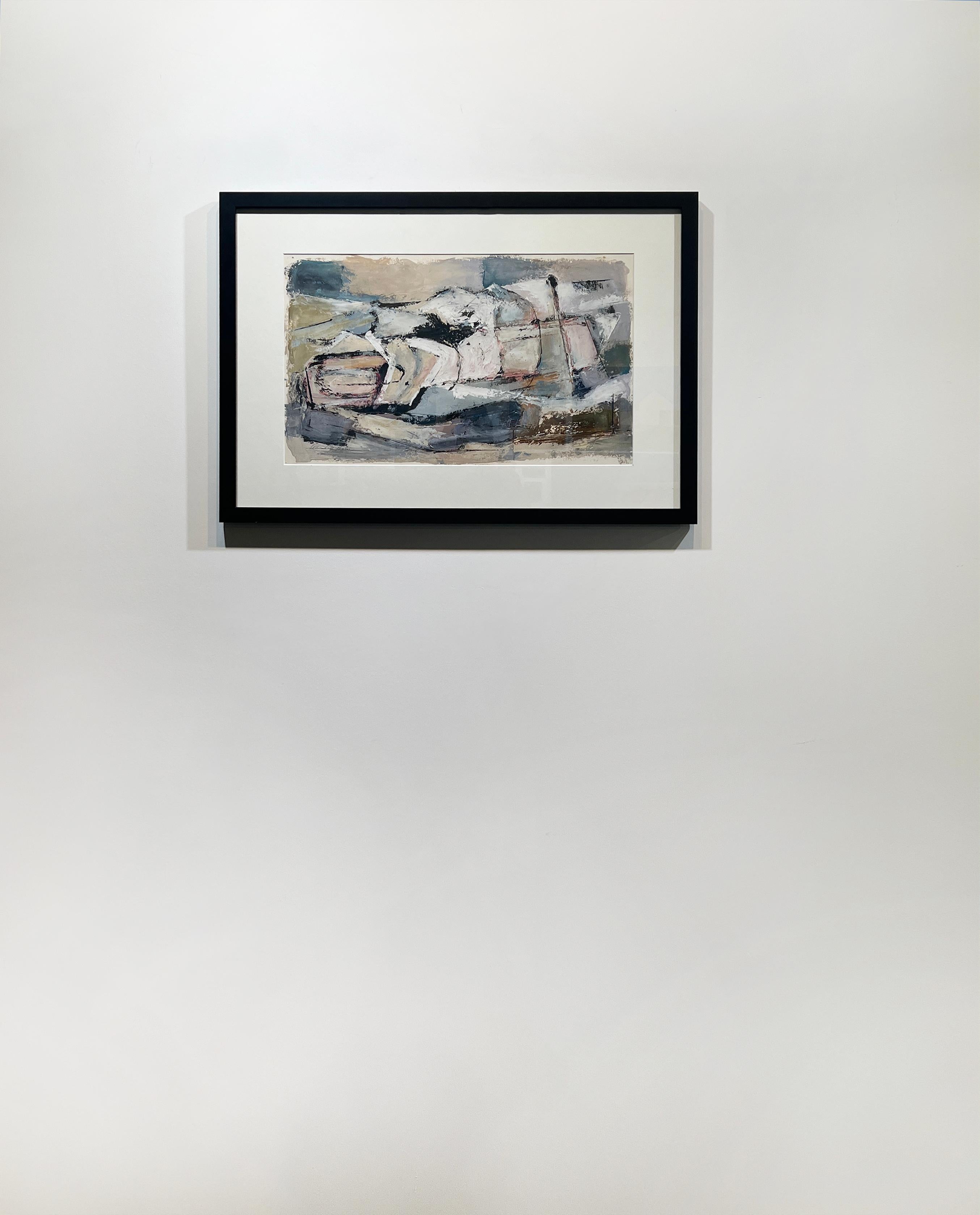 Questo quadro dell'Espressionismo Astratto Moderno di Stanley Bate è realizzato con gouache su carta e presenta una tavolozza fredda e tenue e una texture leggera. Il dipinto in sé misura 13
