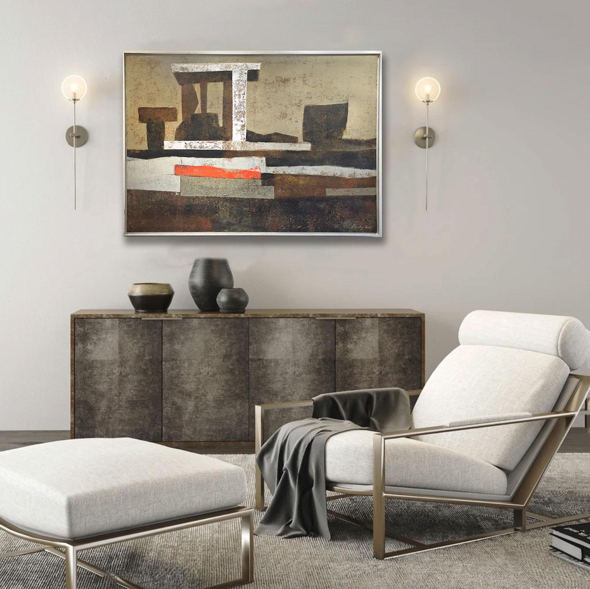 Questo quadro del pittore modernista Stanley Bate è quasi monocromatico con forme geometriche marrone scuro, sabbia e bianco. C'è un singolo tocco di colore rosso brillante quasi al centro del dipinto che rende il quadro nel complesso caldo e