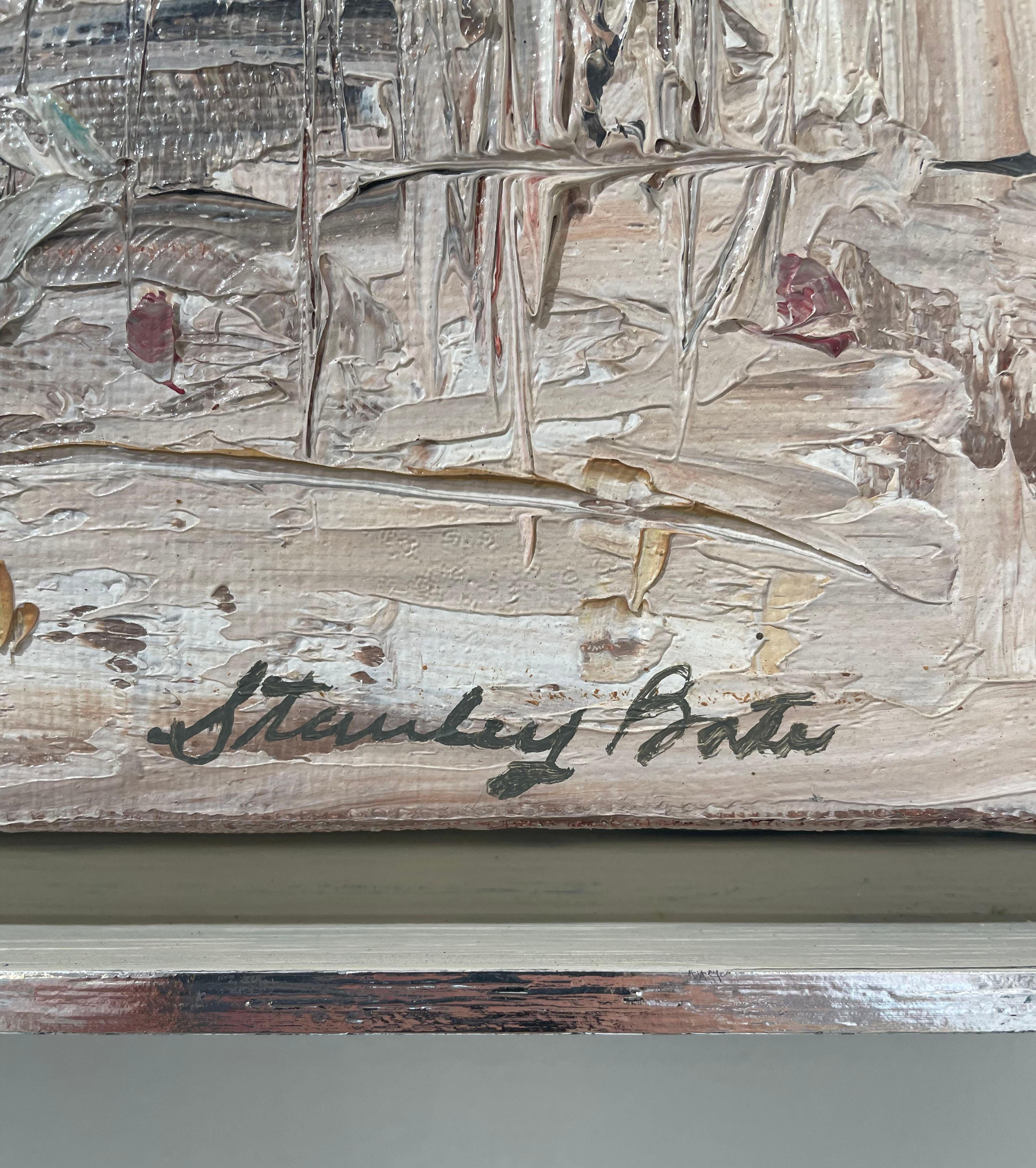 Cette peinture expressionniste abstraite moderne texturée de Stanley Bate présente une palette neutre avec des tons chauds et froids. Des bleus et des rouges sourds semblent être incorporés dans une œuvre qui présente des couches épaisses de