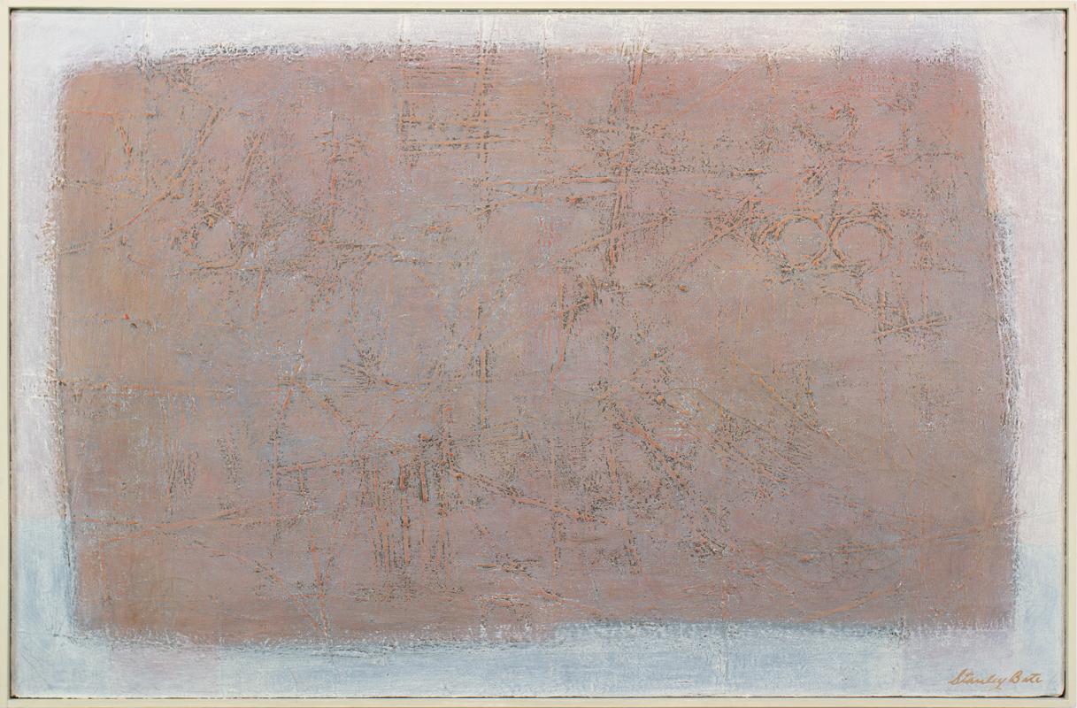 Cette peinture expressionniste abstraite moderne de Stanley Bate est réalisée avec de la peinture à l'huile sur toile et présente une forme rectangulaire rose sourd et chaud au centre de la composition, avec un gris clair et des tons blancs qui