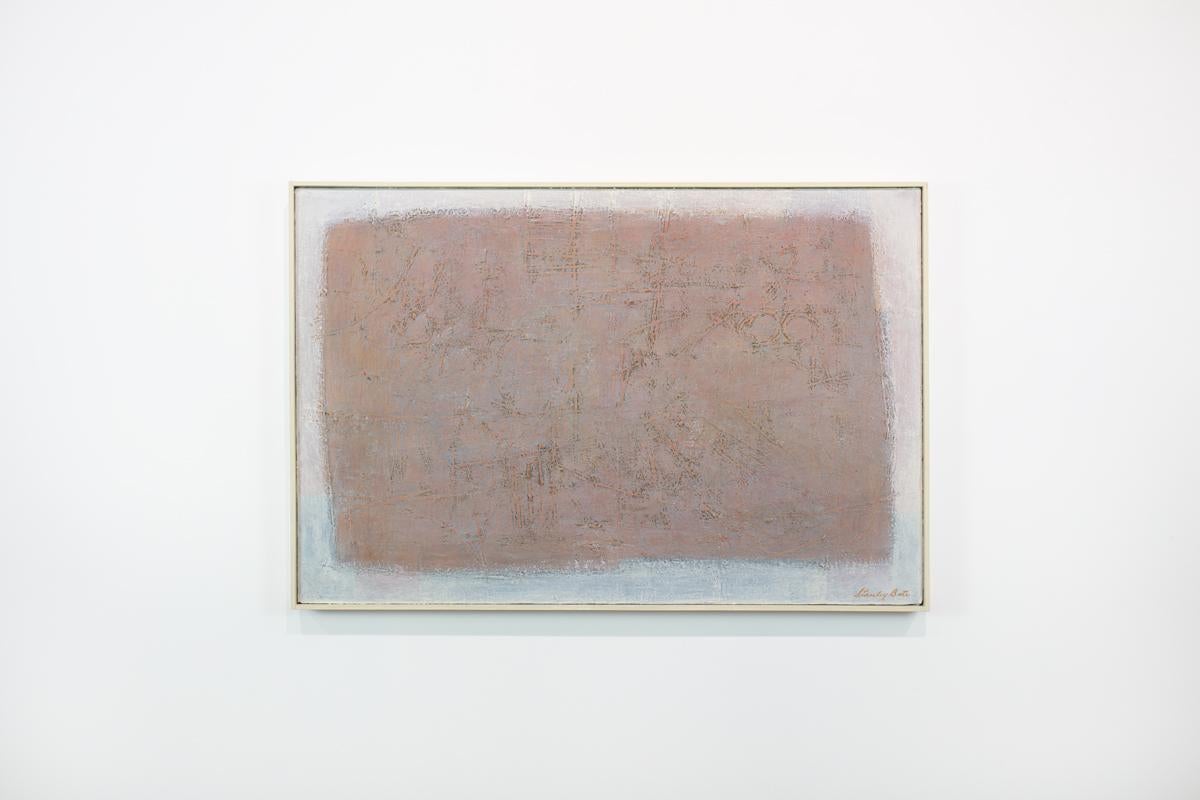 This Modern Abstract Expressionist painting by Stanley Bate is made with oil paint on canvas and features a warm muted pink rectangular shape at the center of the composition, with a light grey and white tones surrounding it on the outer edge. The