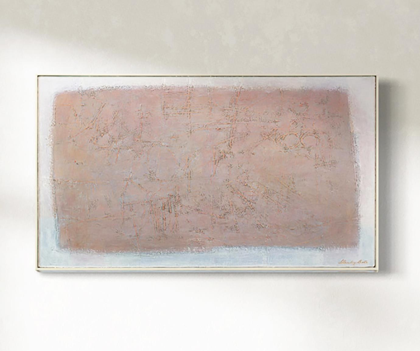 This Modern Abstract Expressionist painting by Stanley Bate is made with oil paint on canvas and features a warm muted pink rectangular shape at the center of the composition, with a light grey and white tones surrounding it on the outer edge. The