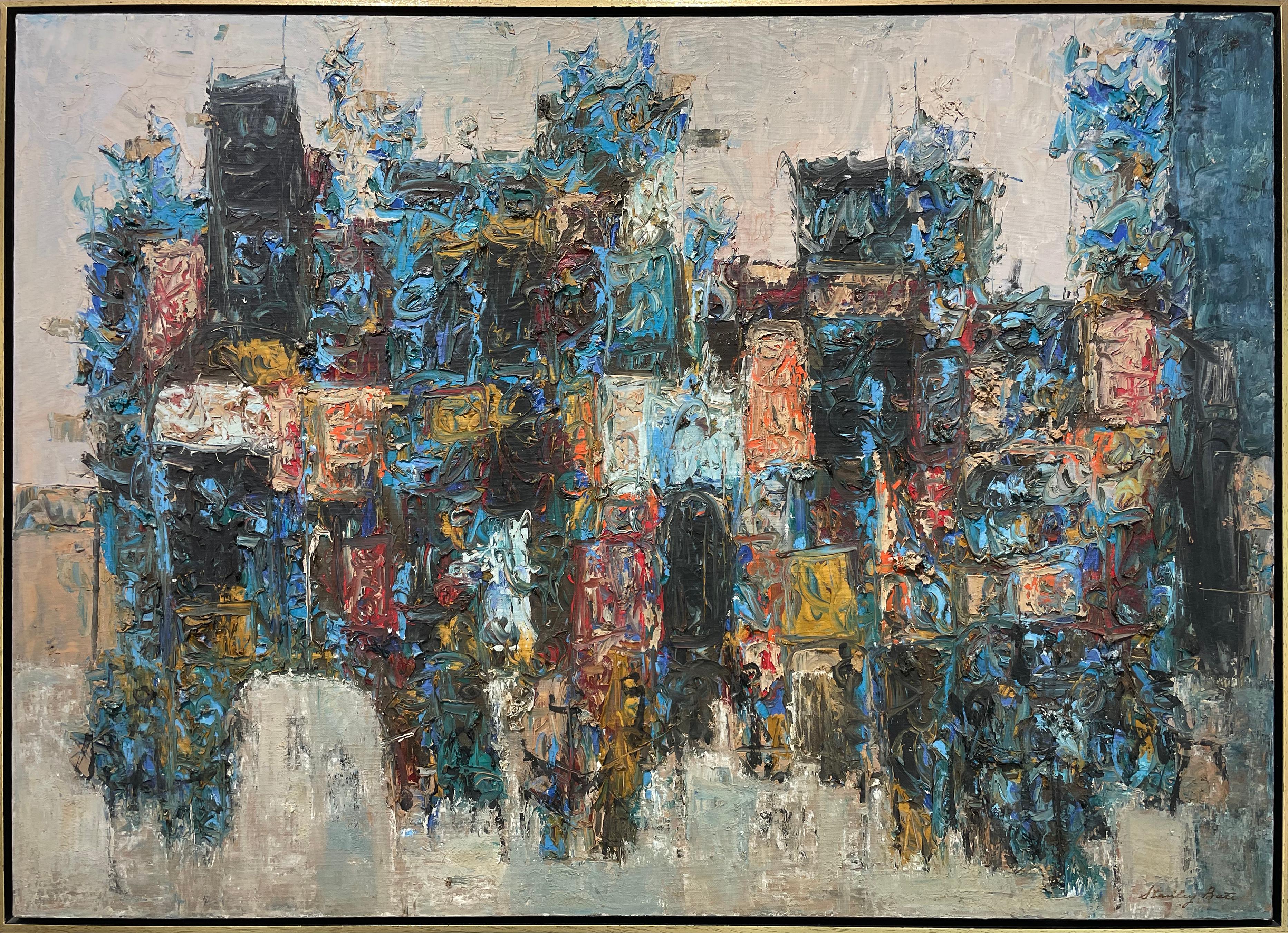 This Modern Abstract Expressionist painting Stanley Bate features a deep, but colorful palette. Smaller organic shapes and layers of thick blue, black, red, and yellow paint combine to create a form that seems to emerge from the right-hand side of