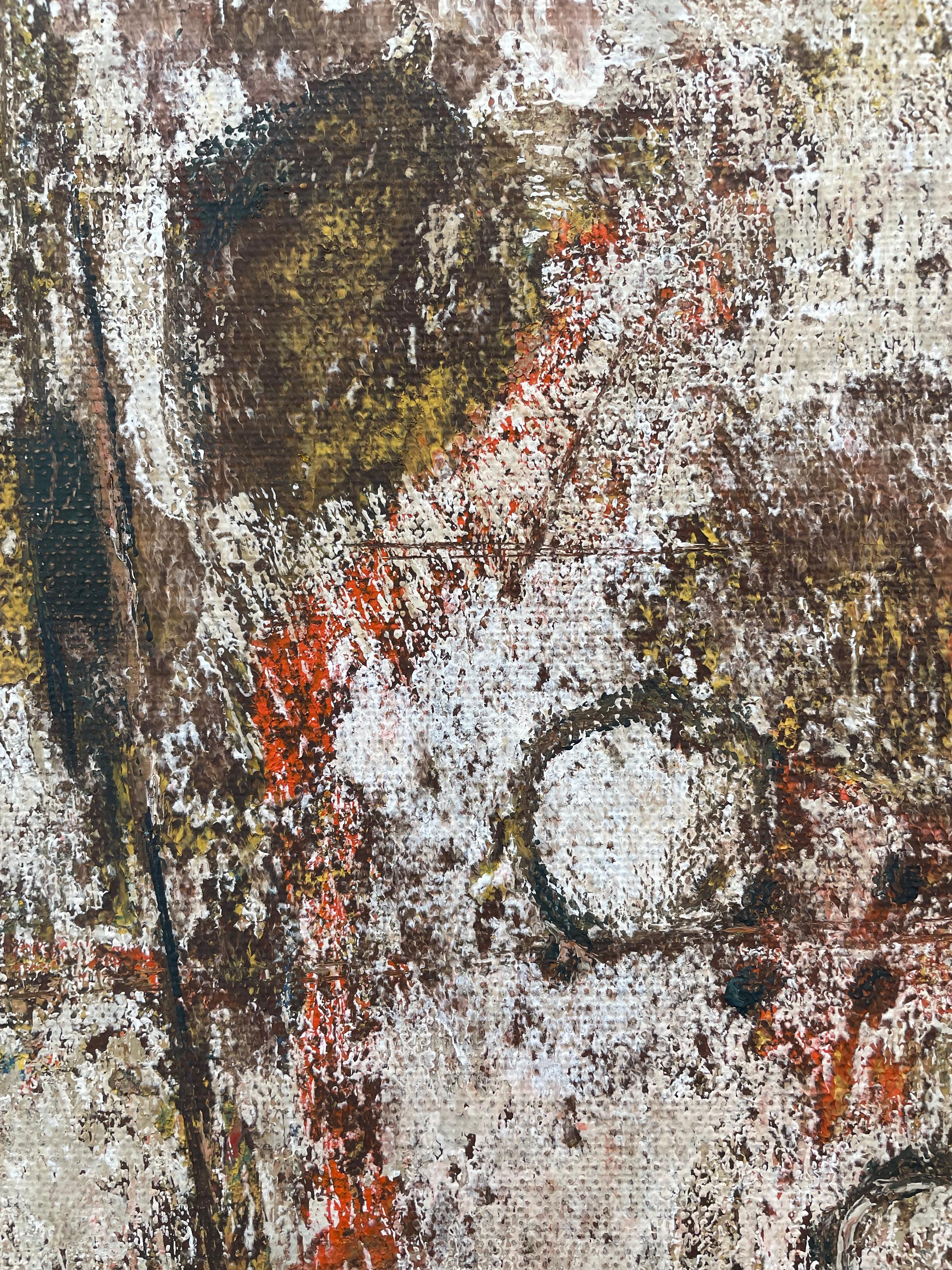 This Modern Abstract Expressionist painting by Stanley Bate is made with oil on canvas. The top portion of the painting is an earthy gold color, while the space beneath it is a textured mix of red and dark umber shapes, layered with thin white. The