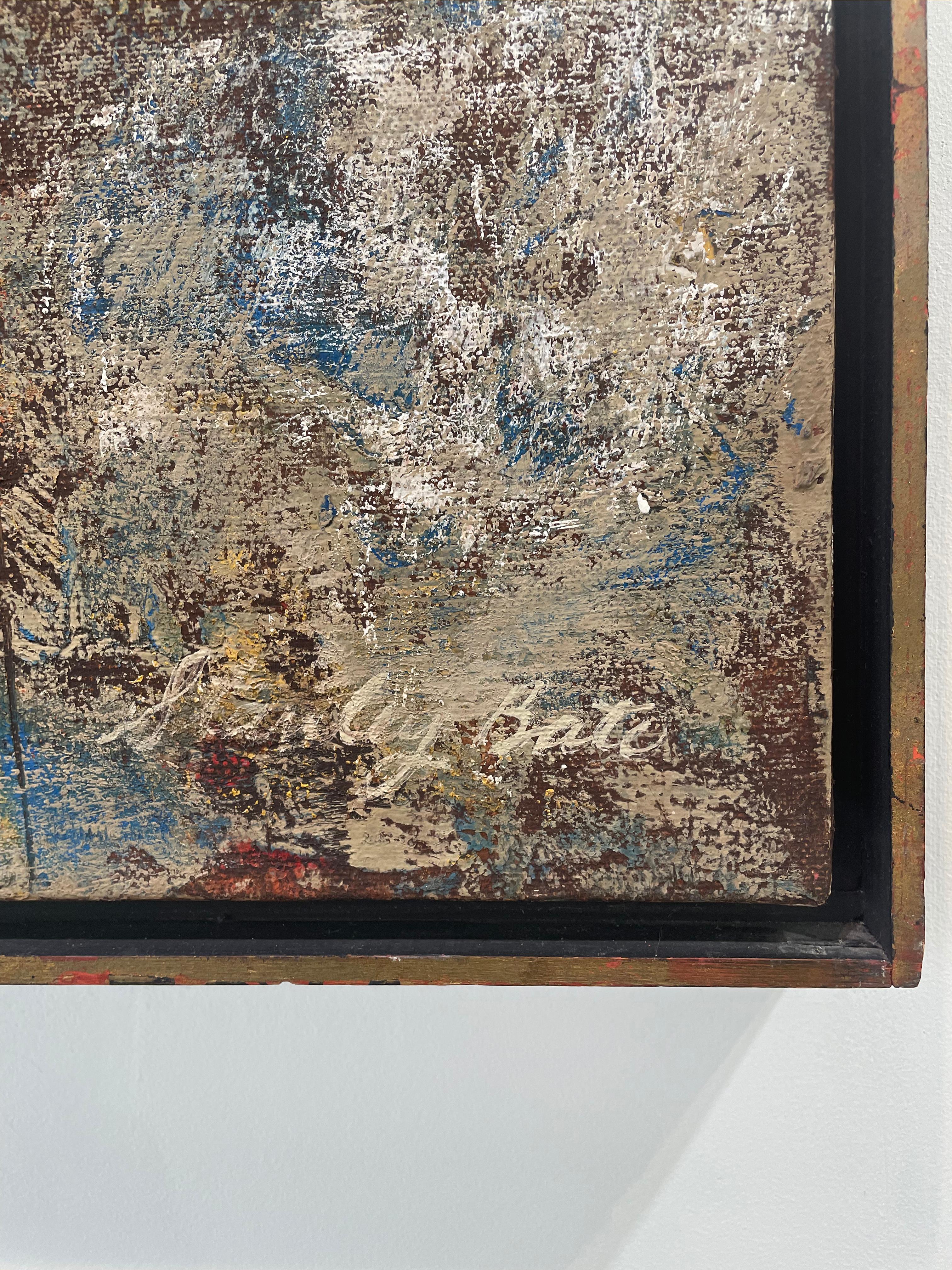 Cette peinture expressionniste abstraite moderne de Stanley Bate est réalisée à l'huile sur toile. La partie supérieure du tableau est une couleur or terreuse, tandis que l'espace en dessous est un mélange texturé de formes rouges et terre d'ombre