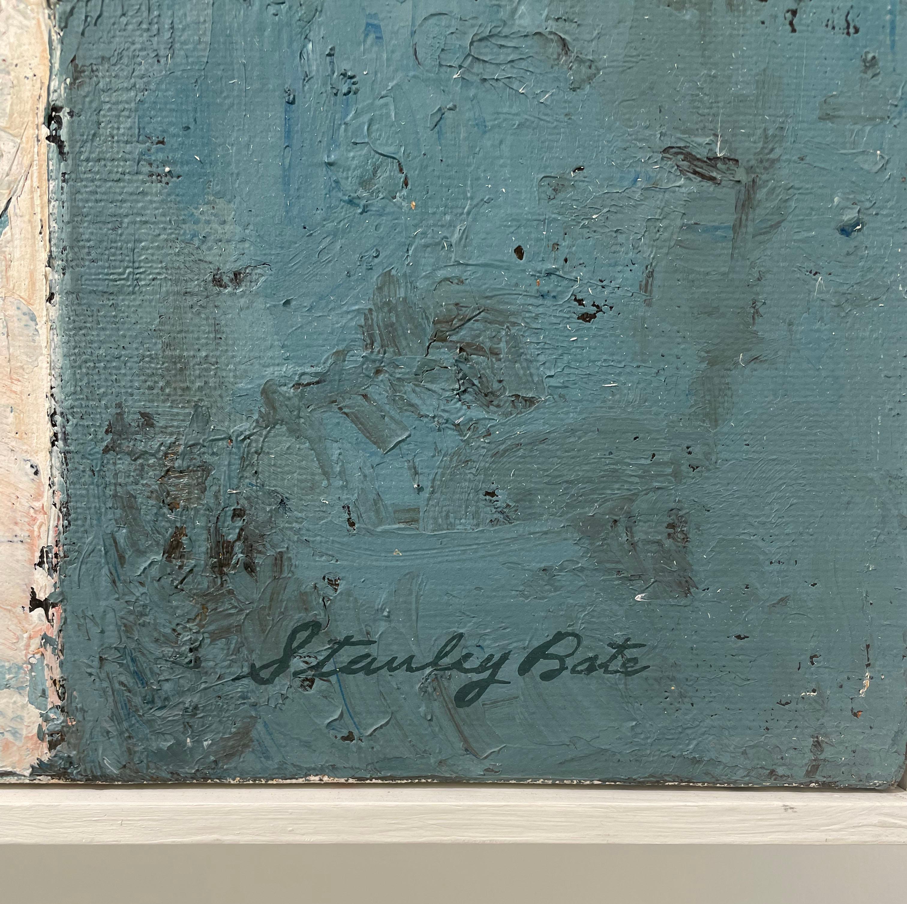 Cette peinture expressionniste abstraite moderne de Stanley Bate présente une palette vibrante et unique. Réalisé avec de la peinture à l'huile sur toile, le tableau s'inspire du célèbre tableau du Titien, la Vénus d'Urbino. Une couleur sarcelle