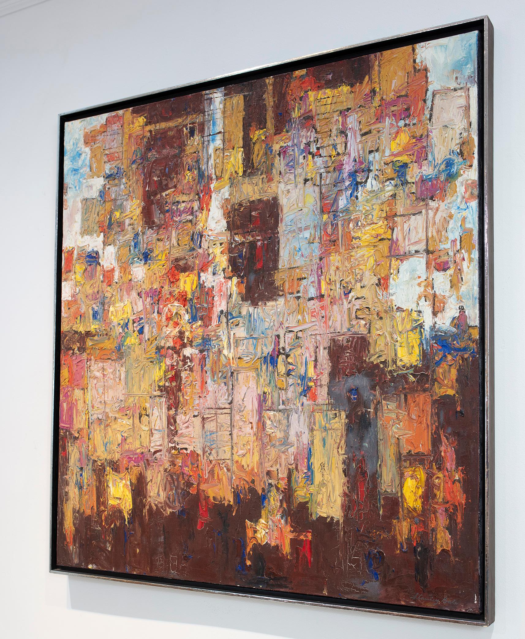 This Modern abstract painting Stanley Bate features an earthy and warm palette and textured paint application. The painting is signed by artist lower right and is framed in the original 1960s floater frame. The painting measures 30