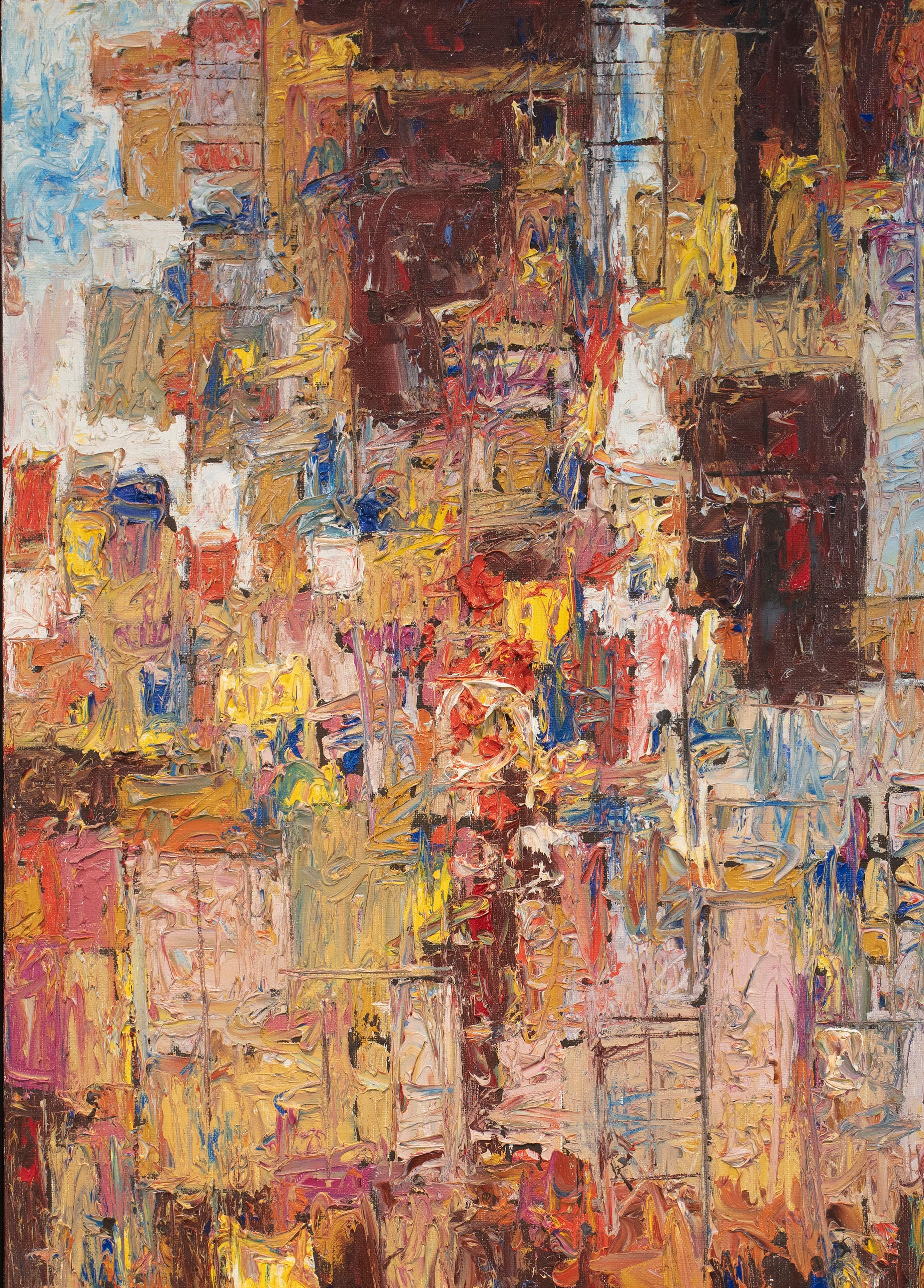 Cette peinture abstraite moderne de Stanley Bate présente une palette terreuse et chaude et une application de peinture texturée. Le tableau est signé par l'artiste en bas à droite et est encadré dans le cadre flottant original des années 1960. La