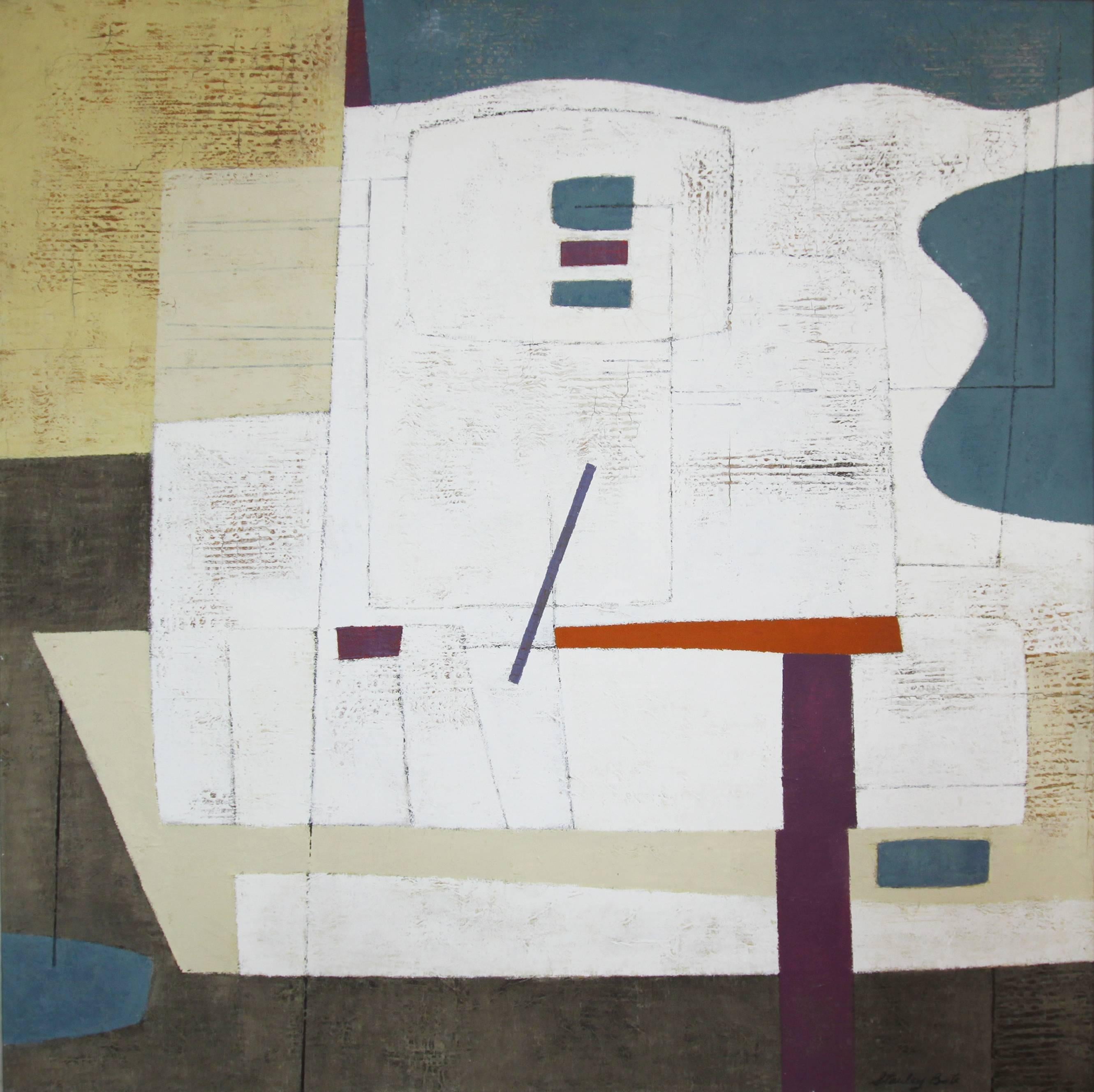 "Zuen" by Stanley Bate is a Modern abstract painting made in 1951, featuring geometric shapes, line work, and light blue shapes complemented by pops of muted yellow, red, deep eggplant and earthy green. Zuen is framed in a white wood floater frame,