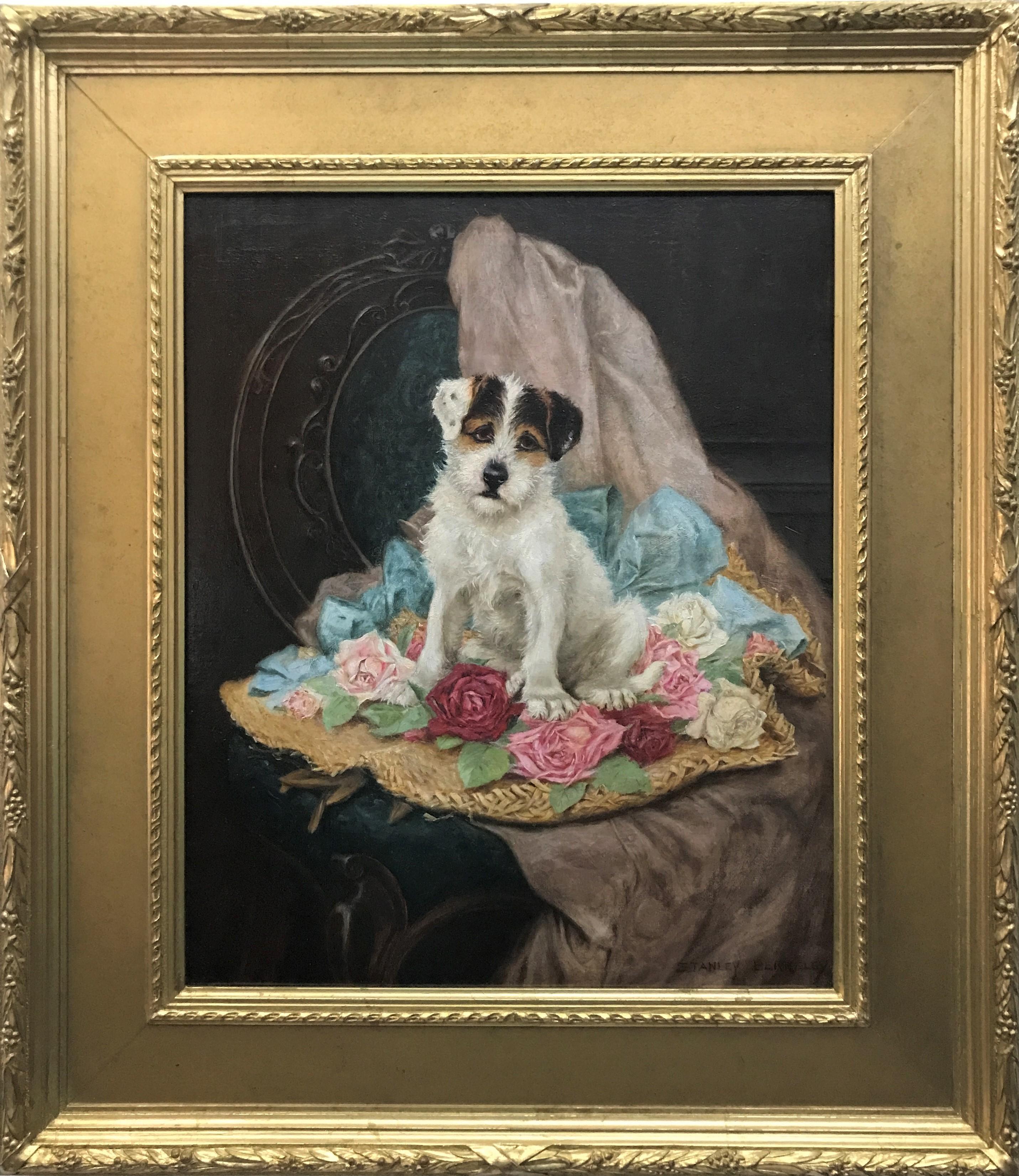 Dog assis parmi des roses, huile sur toile originale de l'artiste britannique victorien - Painting de Stanley Berkeley