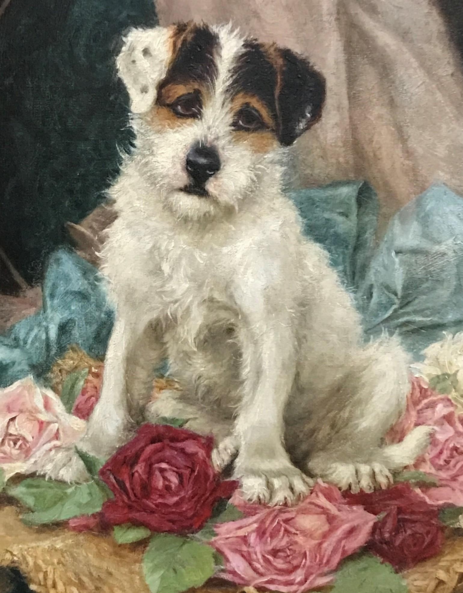 Dog assis parmi des roses, huile sur toile originale de l'artiste britannique victorien - Victorien Painting par Stanley Berkeley