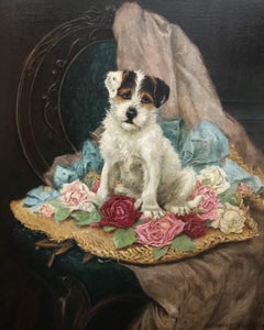 Dog sat amongst Roses, original oil on canvas, Victorian British artist