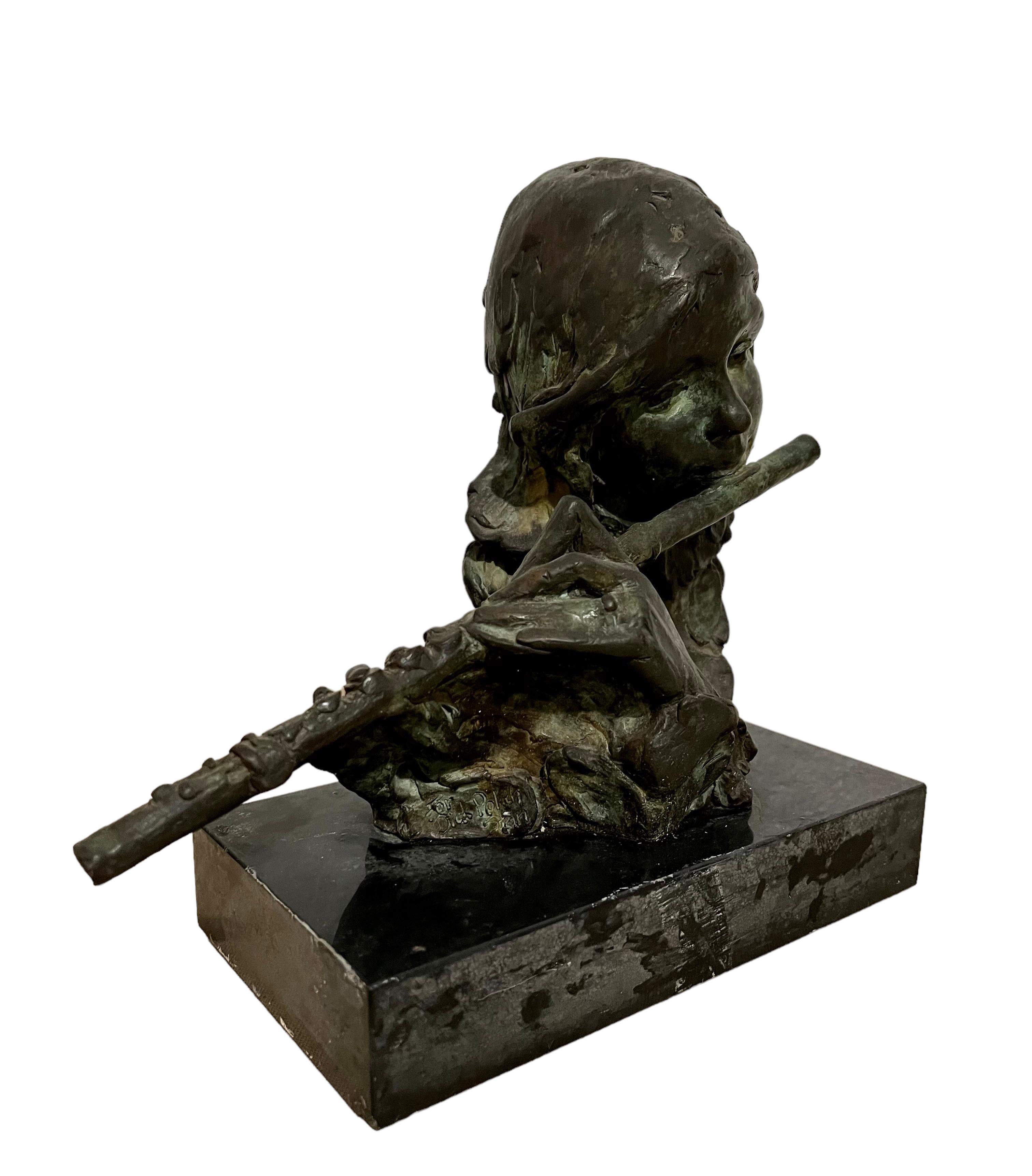 Bronzeskulptur Flötist Amerikanische Modernistische Kunst Stanley Bleifeld Mädchen mit Flöte im Angebot 12