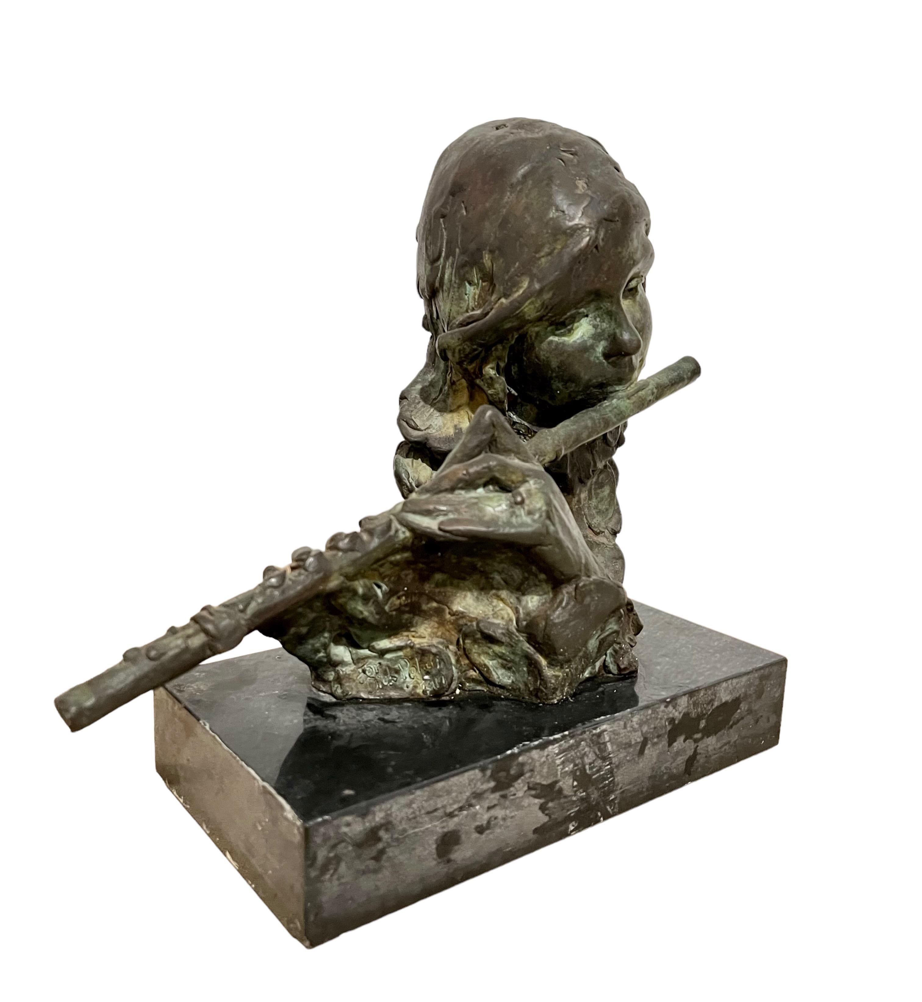 Bronze Sculpture Flutist American Modernist Art Stanley Bleifeld Girl with Flute For Sale 12