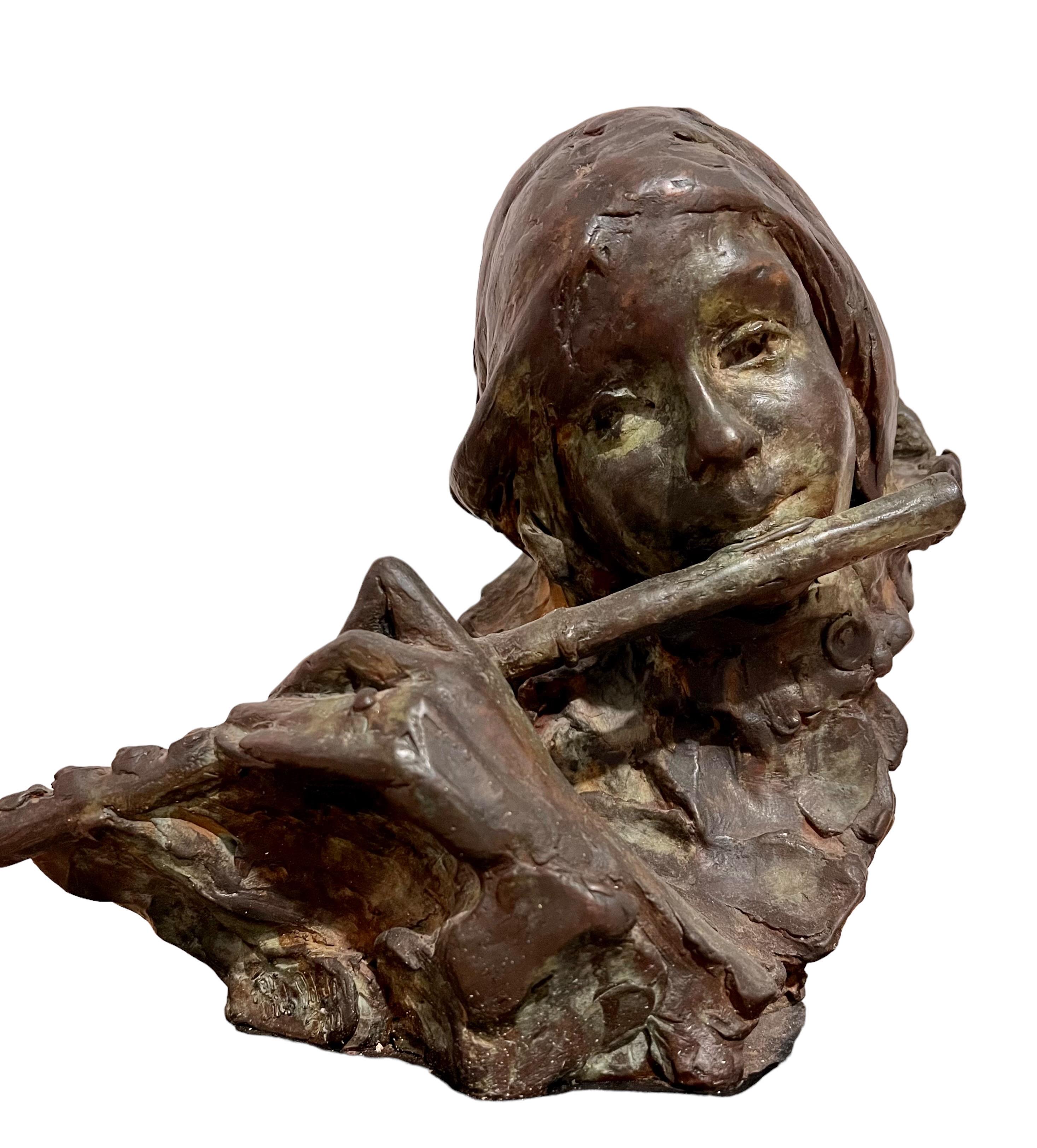 Bronzeskulptur Flutist American Modernist Art Stanley Bleifeld Mädchen mit Flöte, Bronzeskulptur im Angebot 1