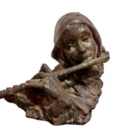 Bronze Sculpture Flutist American Modernist Art Stanley Bleifeld Girl with Flute