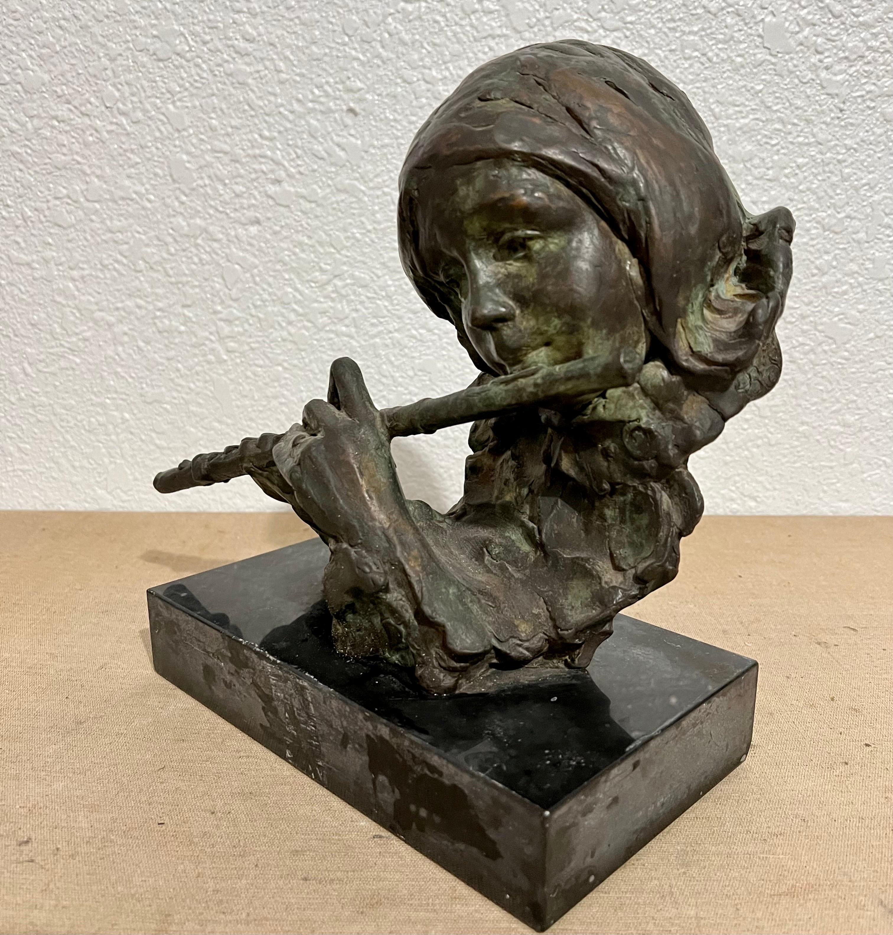 Bronzeskulptur Flutist American Modernist Art Stanley Bleifeld Mädchen mit Flöte, Bronzeskulptur im Angebot 2