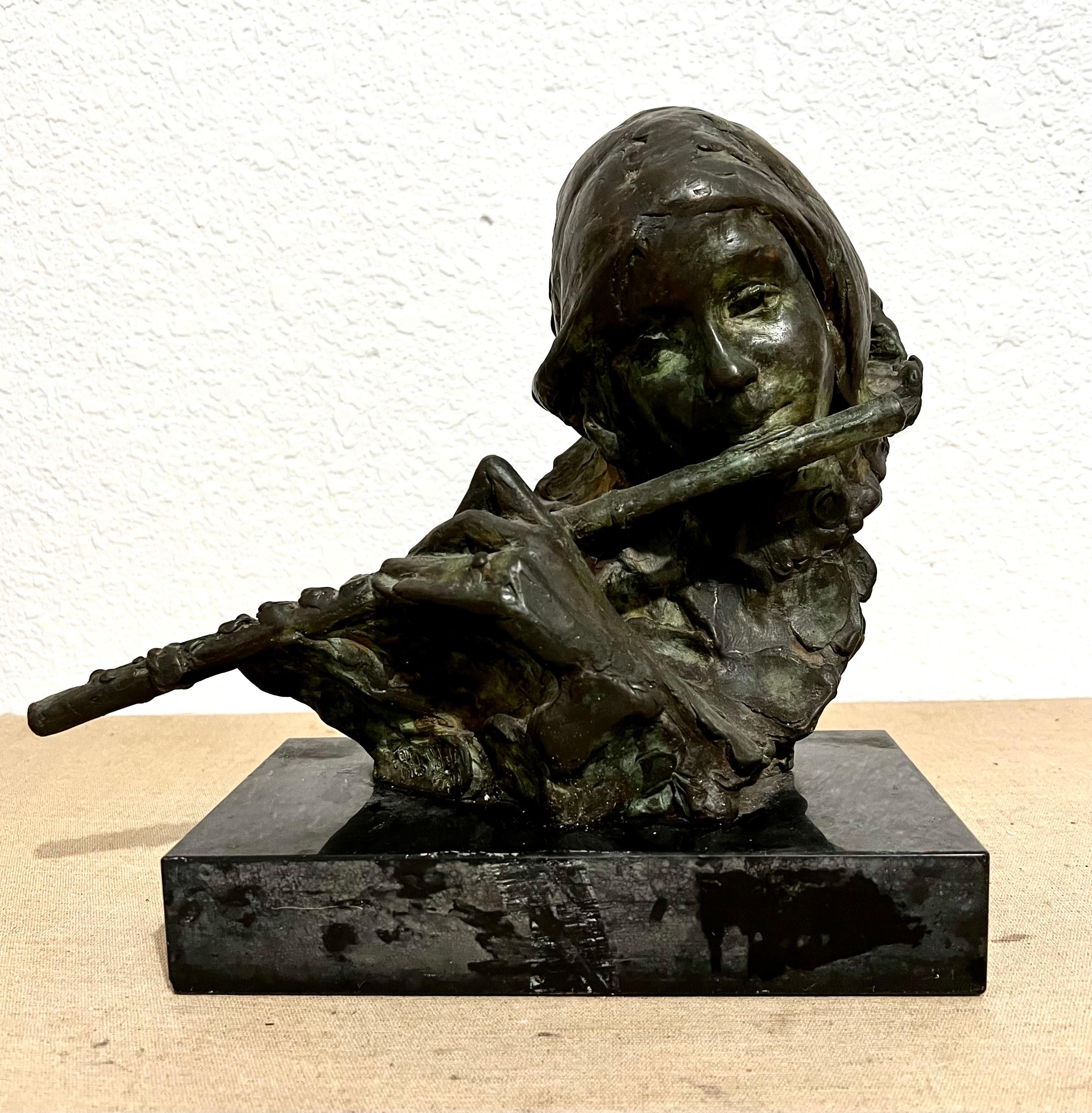 Bronzeskulptur Flötist Amerikanische Modernistische Kunst Stanley Bleifeld Mädchen mit Flöte im Angebot 3