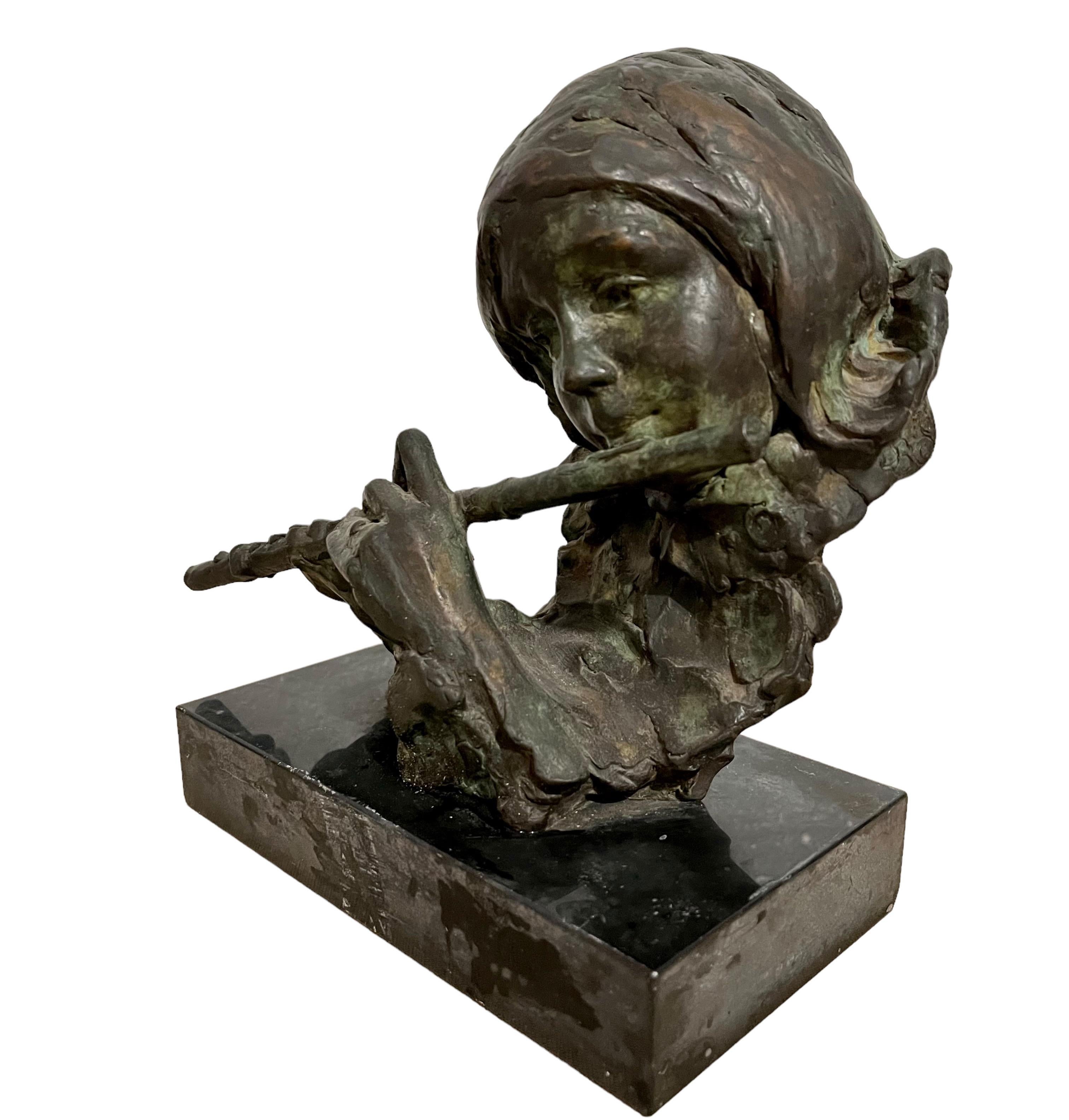 Bronze Sculpture Flutist American Modernist Art Stanley Bleifeld Girl with Flute For Sale 2