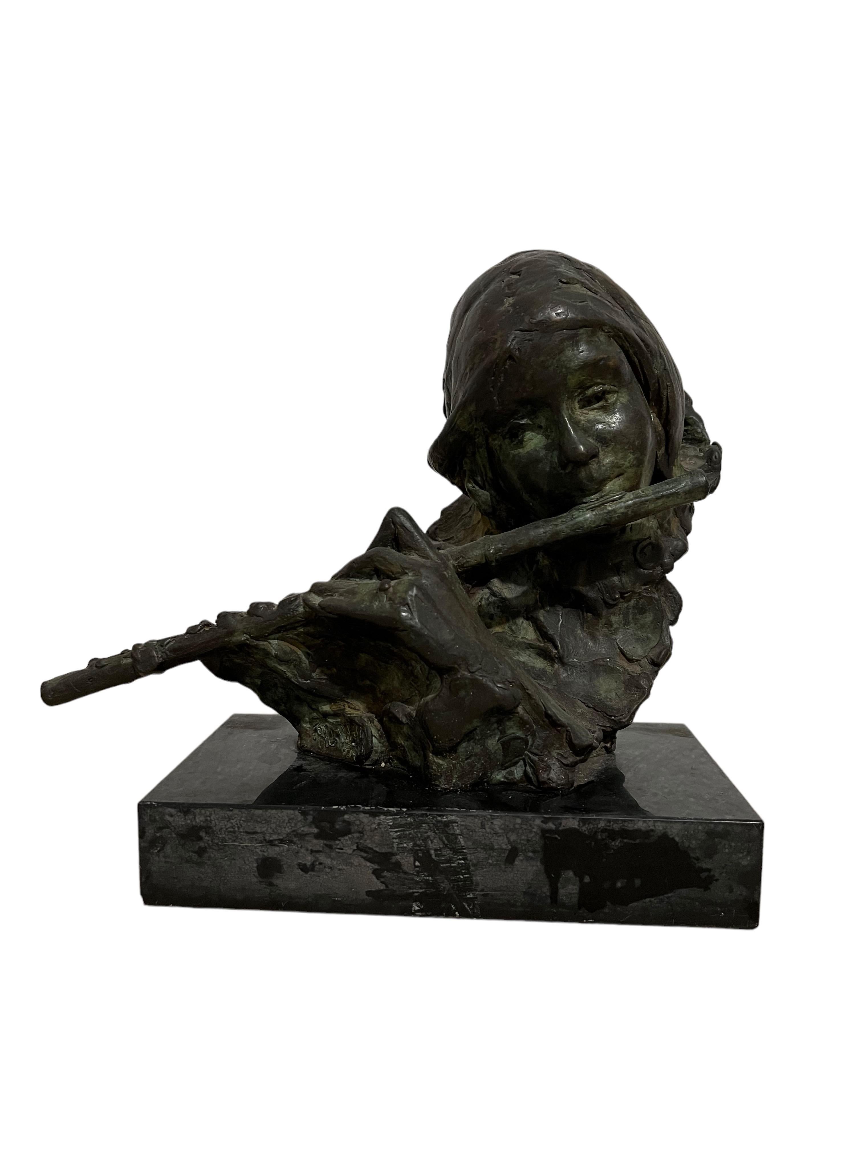 Bronze Sculpture Flutist American Modernist Art Stanley Bleifeld Girl with Flute For Sale 3