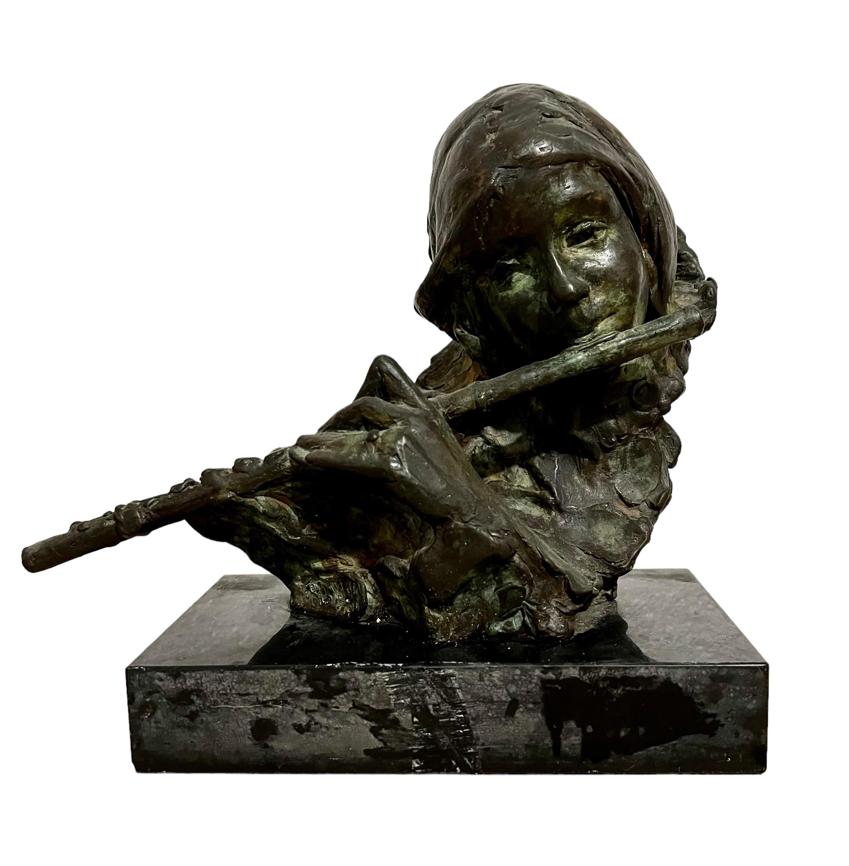 Bronze Sculpture Flutist American Modernist Art Stanley Bleifeld Girl with Flute For Sale 4