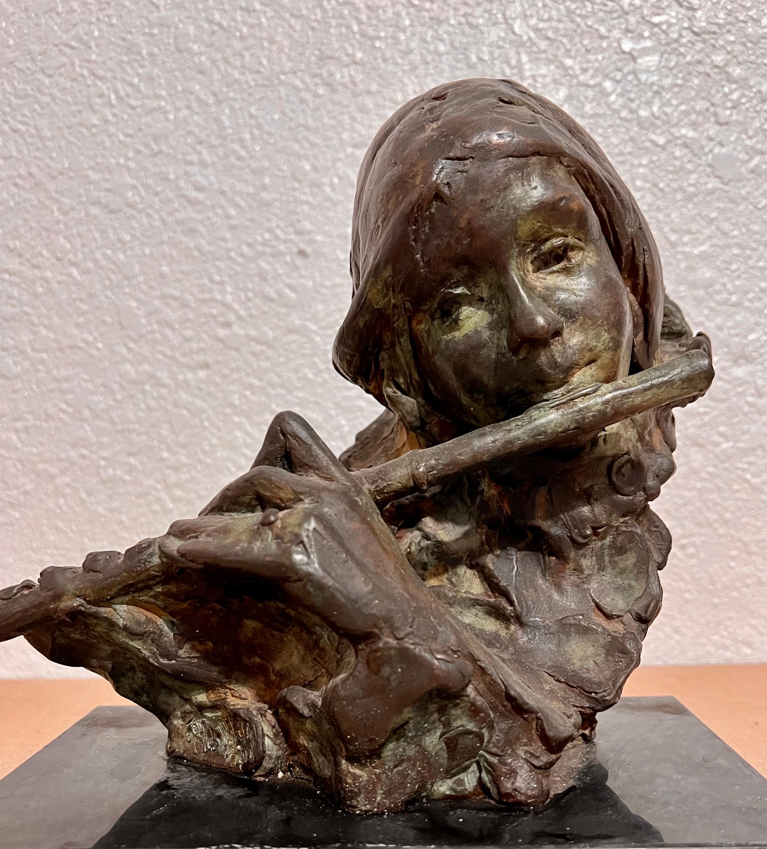Scultura in bronzo Flautista Arte modernista americana Stanley Bleifeld Ragazza con flauto