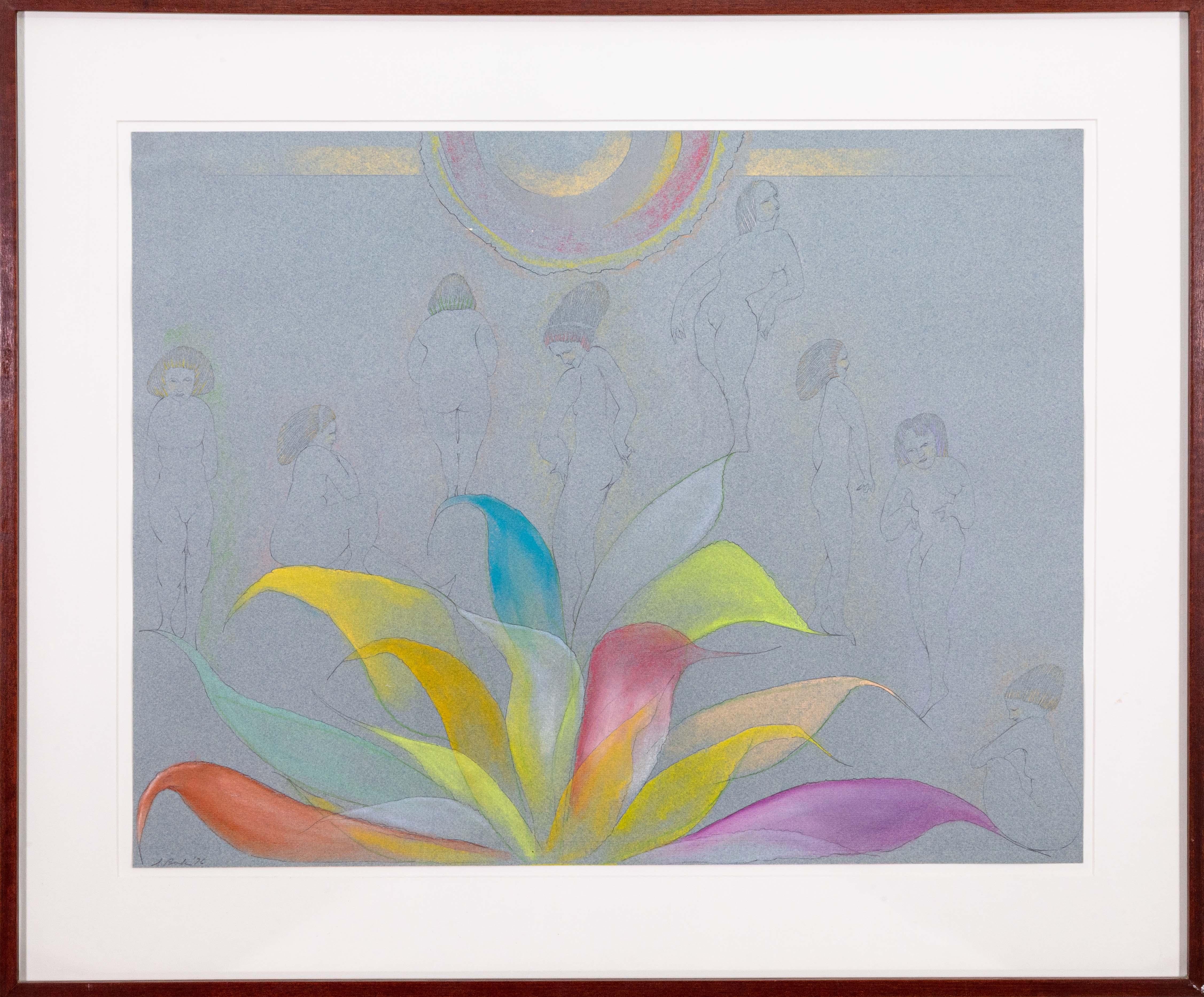 A modernist crayon, pastel, and pencil drawing on paper titled “Bouquets Spawning Intruders” by Stanley Boxer. Hand signed in pencil and dated ’76 lower left. An expressive figurative composition with bright abstract flower petals which gives a