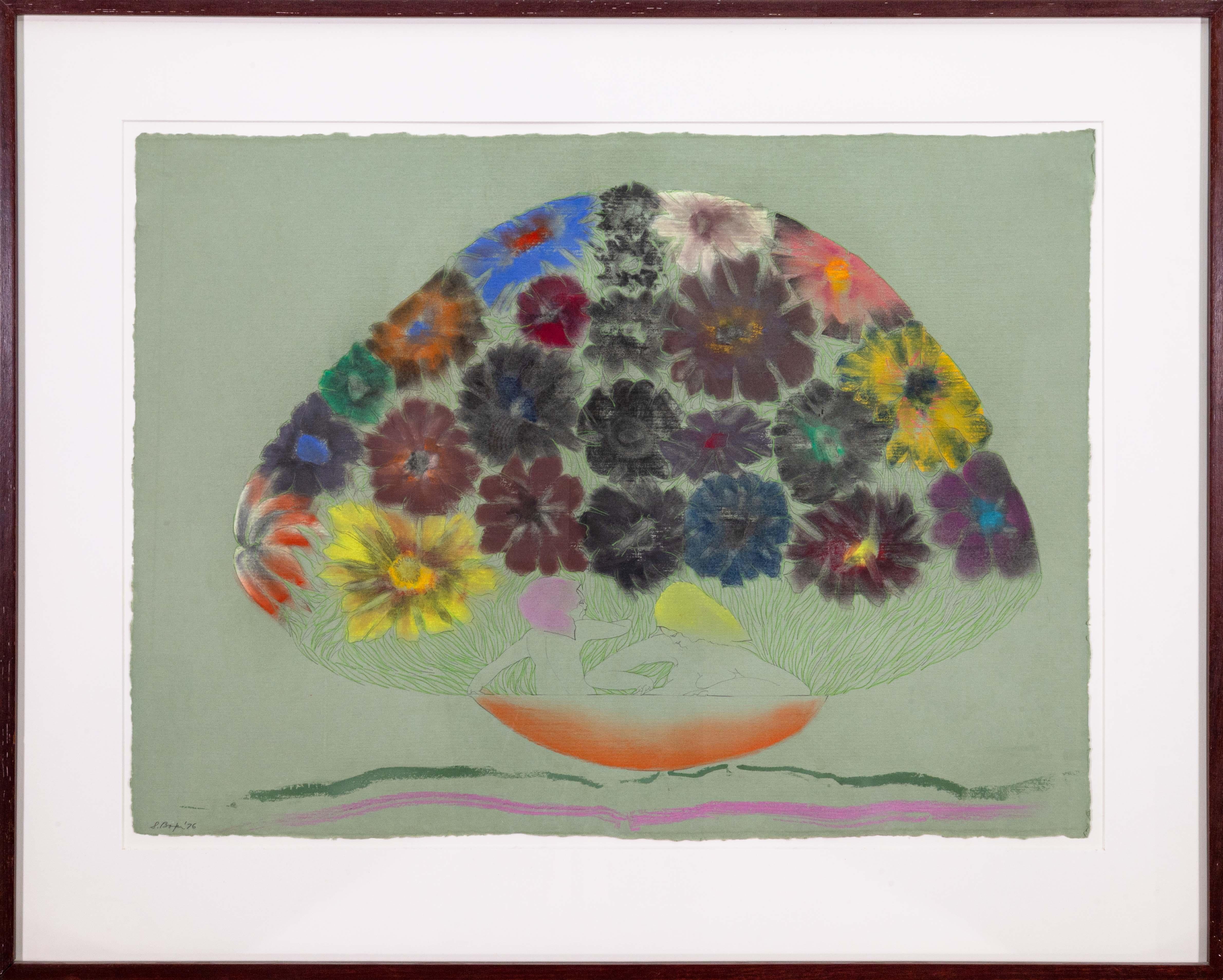 A modernist crayon, pastel, and pencil drawing on paper titled “Bouquets Spawning Intruders” by Stanley Boxer. Hand signed in pencil and dated ’76 lower left. An expressive figurative composition with bright abstract flower petals which gives a