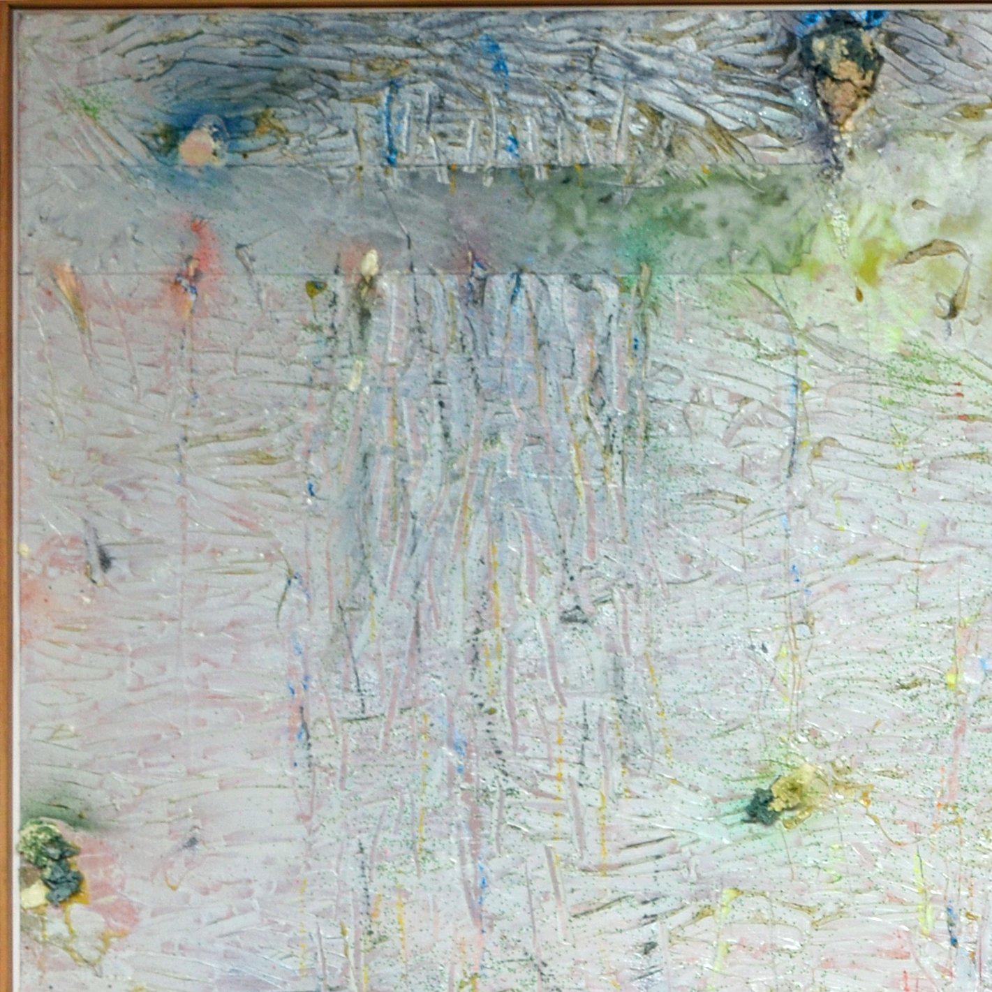 Memoire of a Moment by Stanley Boxer, 1996. Oil and mixed media on canvas, 50.5 x 60.5 inches. This mixed media work has an active surface that is thickly painted, with defined brush strokes in a pastel palette of pink, light blue, pale yellow, and
