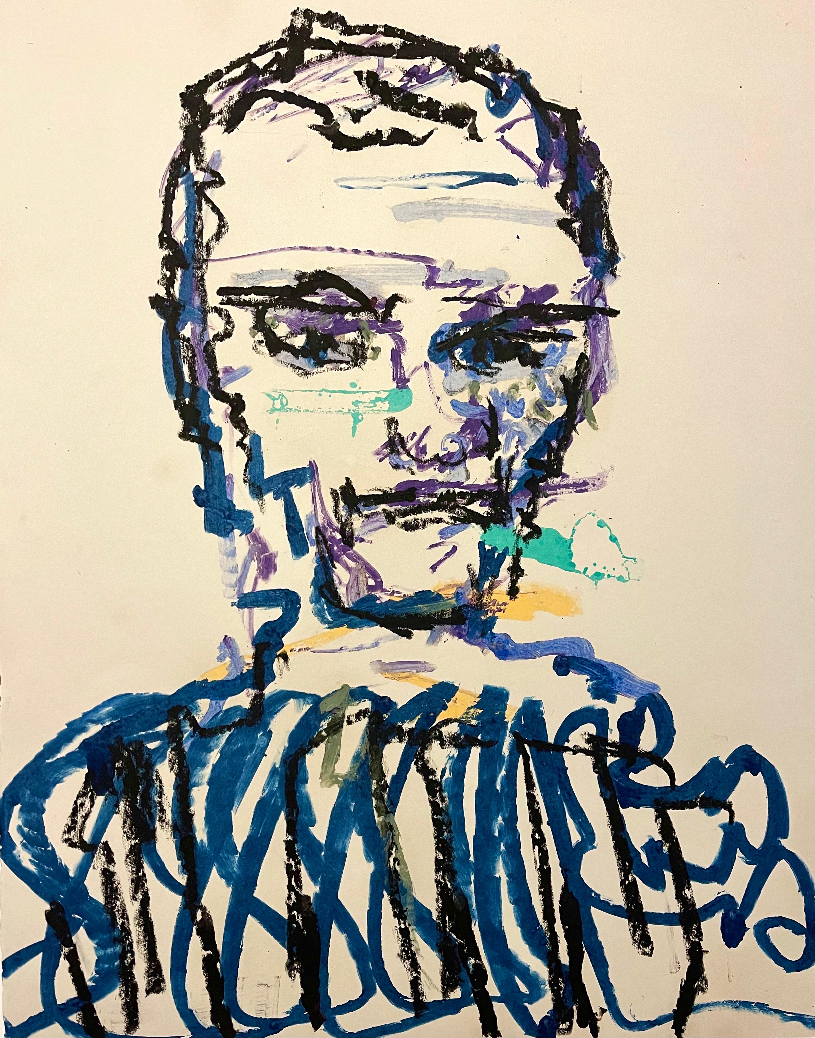 Stanley Boxer Mixed Media Abstract Expressionist Portrait Painting on Paper