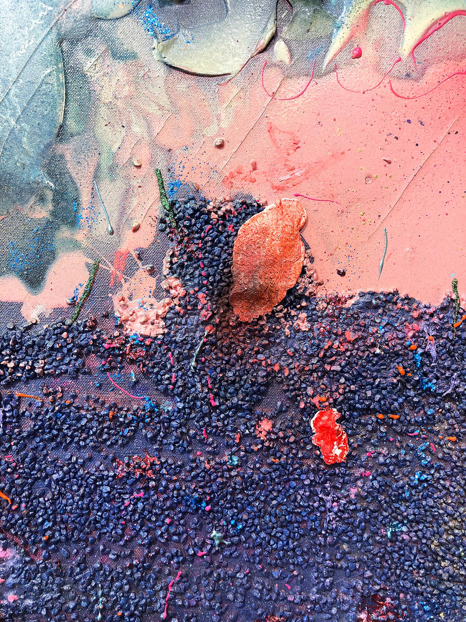 'Alcamorispettounquarried' by Stanley Boxer, 1990. Oil and mixed media on canvas, 40 x 50 in. / Frame: 41.5 x 51.25 in. This mixed media work has an active surface that is thickly painted with defined brush strokes in a color palette of pink, deep