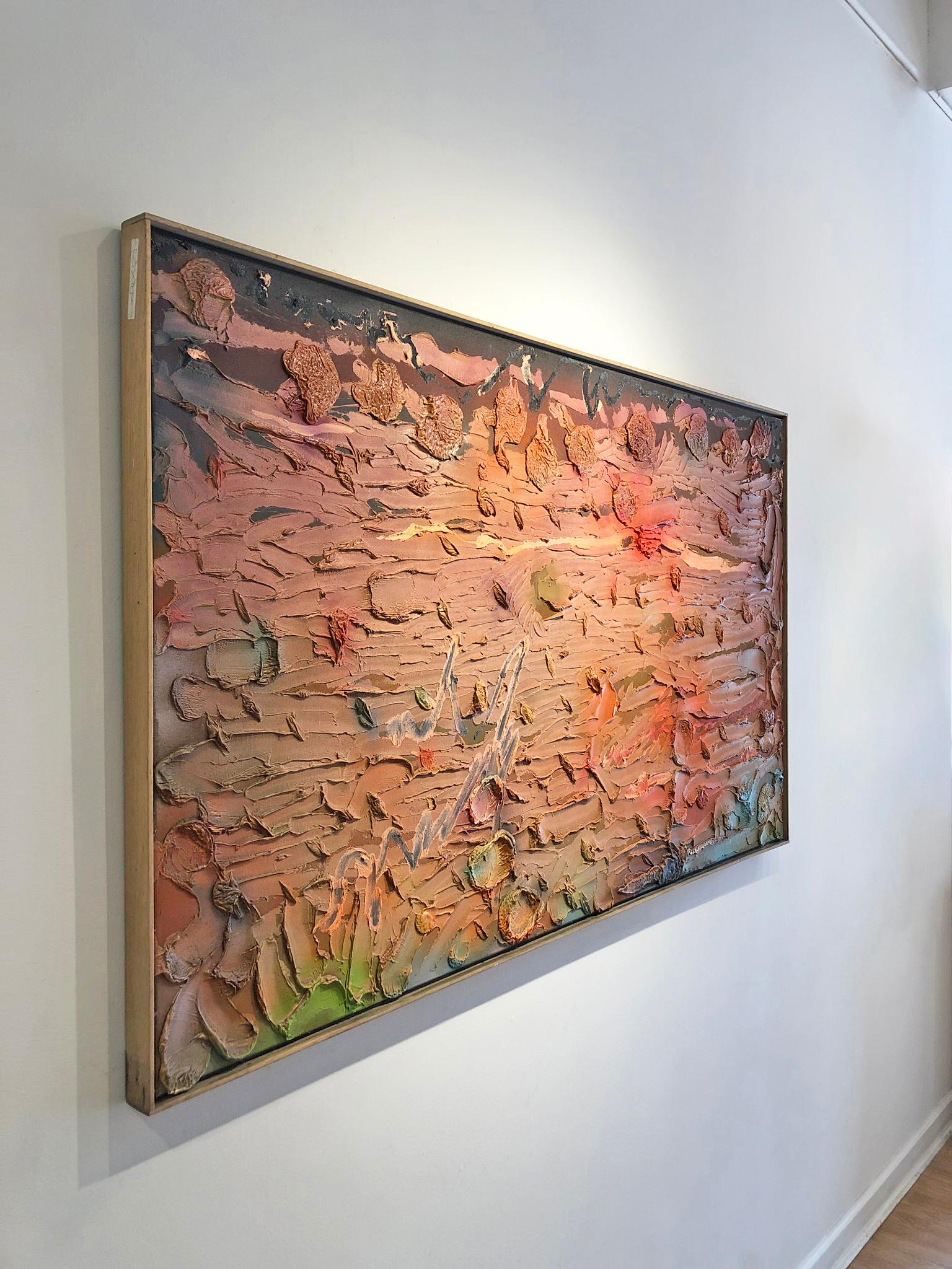 'Hotjoustatdusk' by Stanley Boxer, 1985. Oil on linen, 38 x 65 in./ Frame: 39.25 x 66 in. This impasto painting has an active surface that is thickly painted with defined brush strokes in a color palette of orange, green, brown, and black. Material