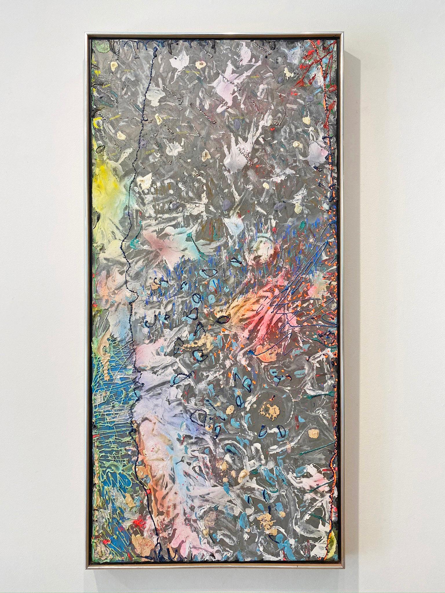 'HeartofAlcamo' by Stanley Boxer, 1989. Oil and mixed media on canvas, 51 x 24 in. / Frame: 52.25 x 25.25 in.  This impasto painting has an active surface that is thickly painted with defined brush strokes in a color palette of grey, yellow, pink,