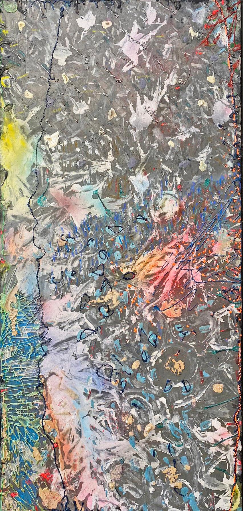 das Herz von Alcamo" von Stanley Boxer, 1989. Öl und Mischtechnik auf Leinwand, 51 x 24 Zoll. / Rahmen: 52.25 x 25.25 in.  Dieses Impasto-Gemälde hat eine aktive Oberfläche, die mit definierten Pinselstrichen in einer Farbpalette aus Grau, Gelb,
