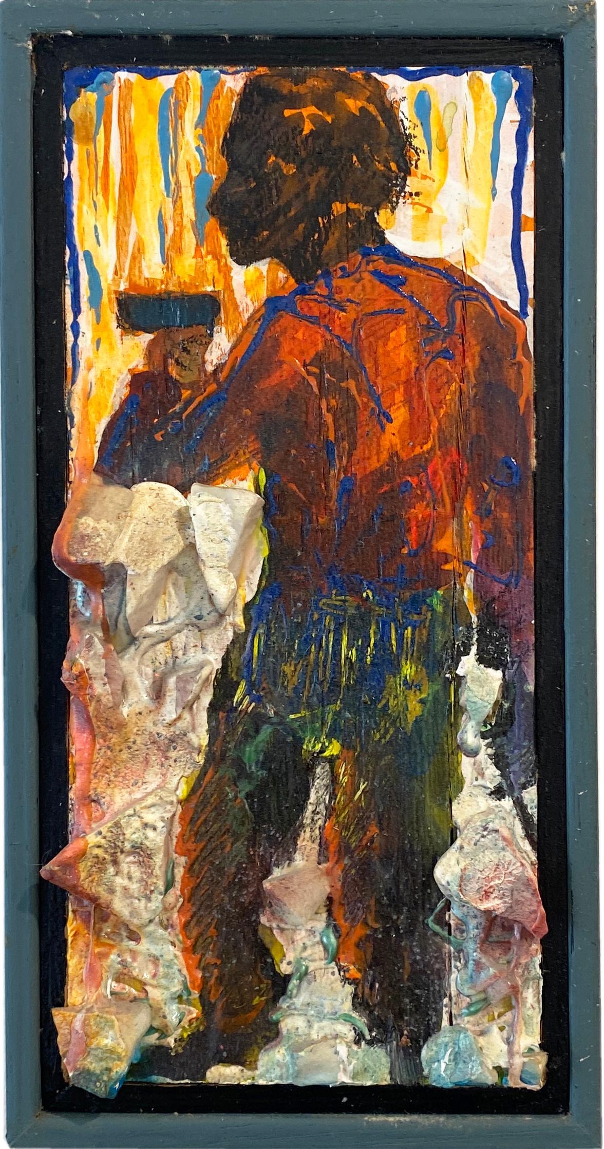 Available at Madelyn Jordon Fine Art. 'Marblemanandfaith' by Stanley Boxer, 1991. Oil and mixed media on canvas, 8 x 4 in. / Frame: 9 x 4.5 x 2 in.  This painting features a side view of a man. This work has an active surface that is thickly painted