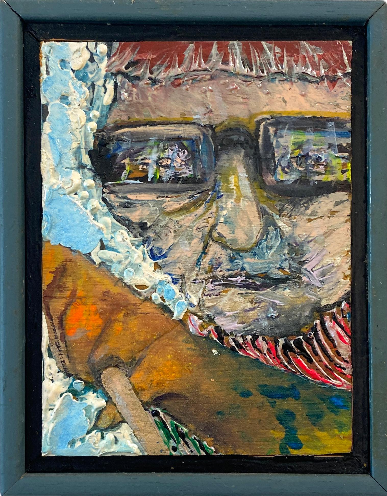 Available at Madelyn Jordon Fine Art. 'Marblemanblossom' by Stanley Boxer, 1991. Oil and mixed media on canvas, 6.25 x 4.75 in. / Frame: 7 x 5.5 x 2 in.  This painting features the face of a man wearing glasses with his arm extended out. This work