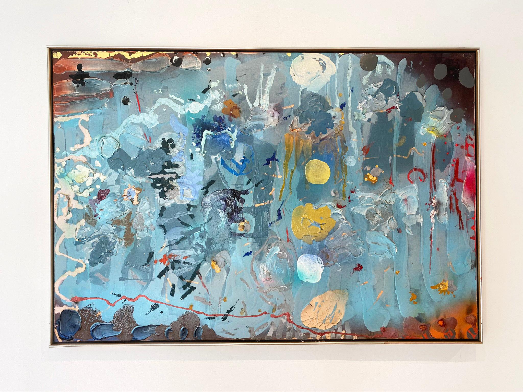 'Plainsroartenderly' by Stanley Boxer, 1988. Oil and mixed media on canvas, 42.5 x 61 in. This impasto painting has an active surface that is thickly painted with defined brush strokes in a color palette of blue, beige, yellow, brown, red, orange,