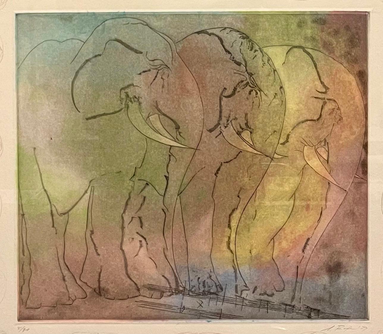 Stanley Boxer, expressionniste abstrait eau-forte en taille-douce représentant un troupeau d'éléphants  en vente 1