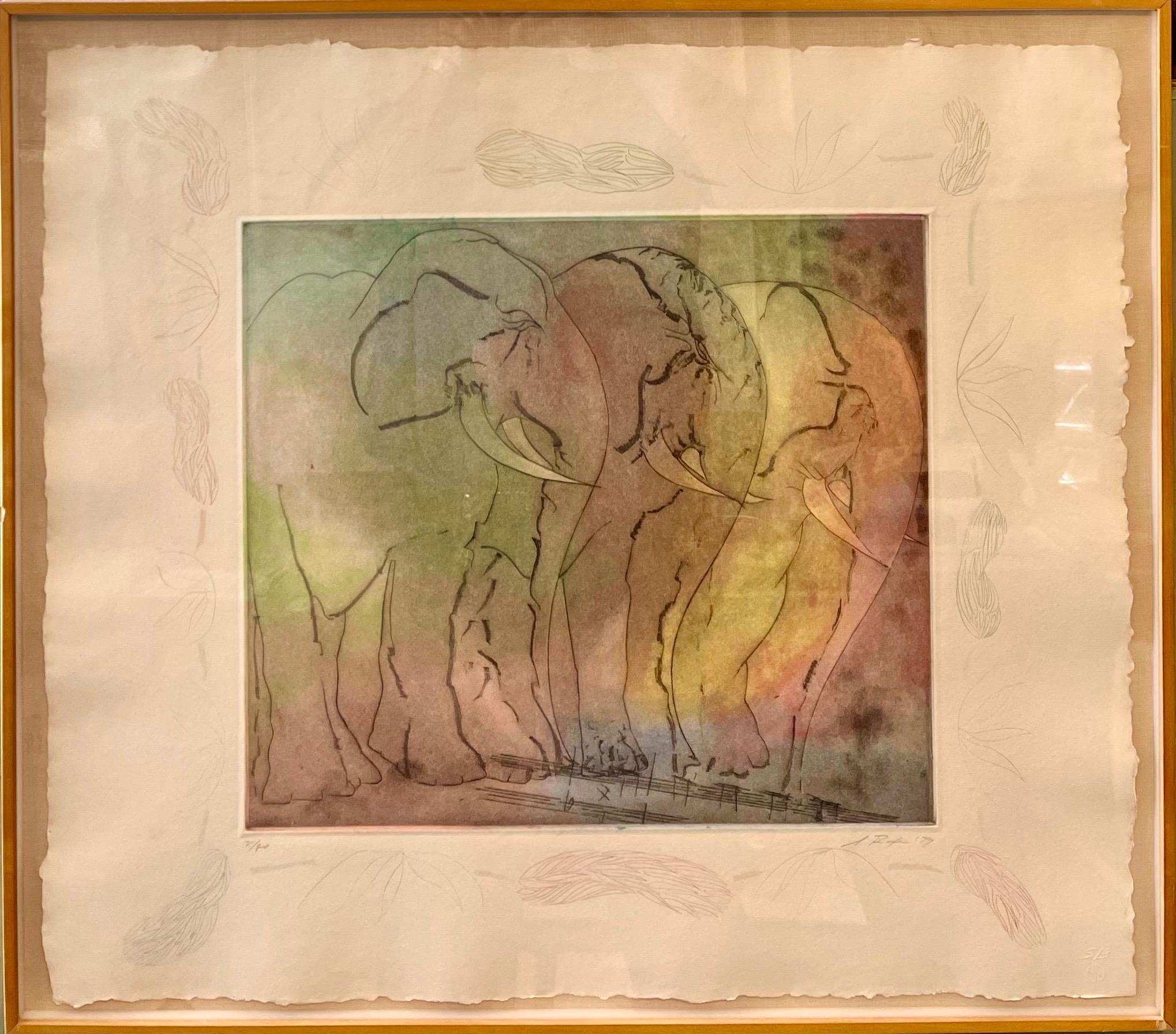 
Elephants. 1979
edition 2/20
Hand signed and dated
Framed 24.5 X 28.  Sheet 23 X 26

This is from a series of prints Boxer produced at Tyler Graphics between 1975 and 1979. Over this period, he created several series of intricately rendered