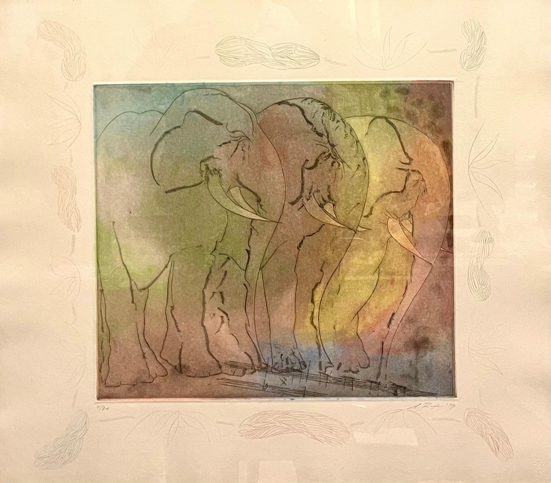 Stanley Boxer Aquatint Intaglio Etching Elephant Herd Abstract Expressionist 
